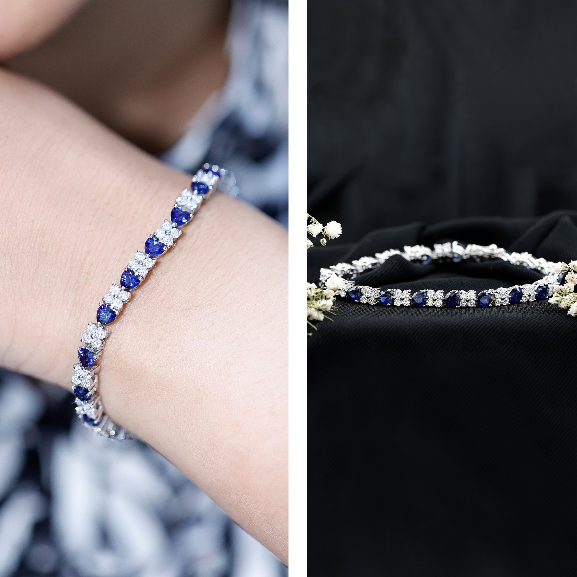 Heart Shape Lab Grown Blue Sapphire and Diamond Tennis Bracelet