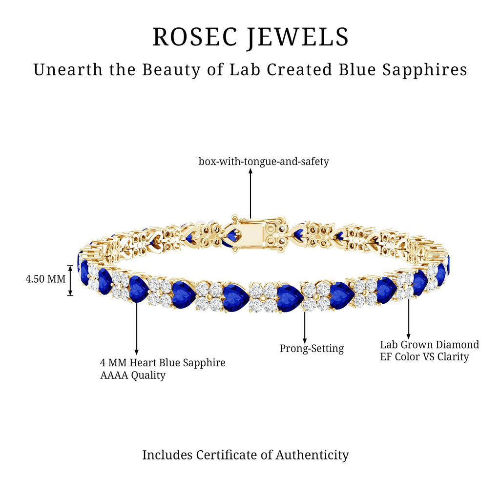 Heart Shape Lab Grown Blue Sapphire and Diamond Tennis Bracelet