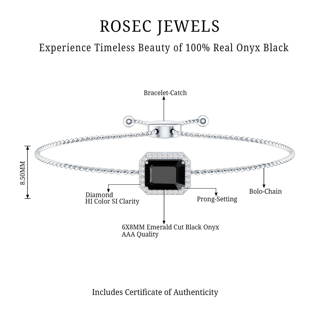 Natural 1.8 Carat Emerald Cut Black Onyx Bolo Bracelet with Diamond Halo