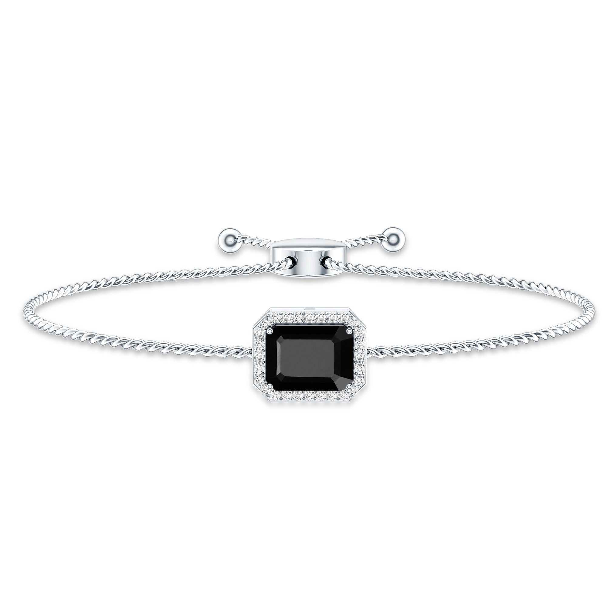 Natural 1.8 Carat Emerald Cut Black Onyx Bolo Bracelet with Diamond Halo