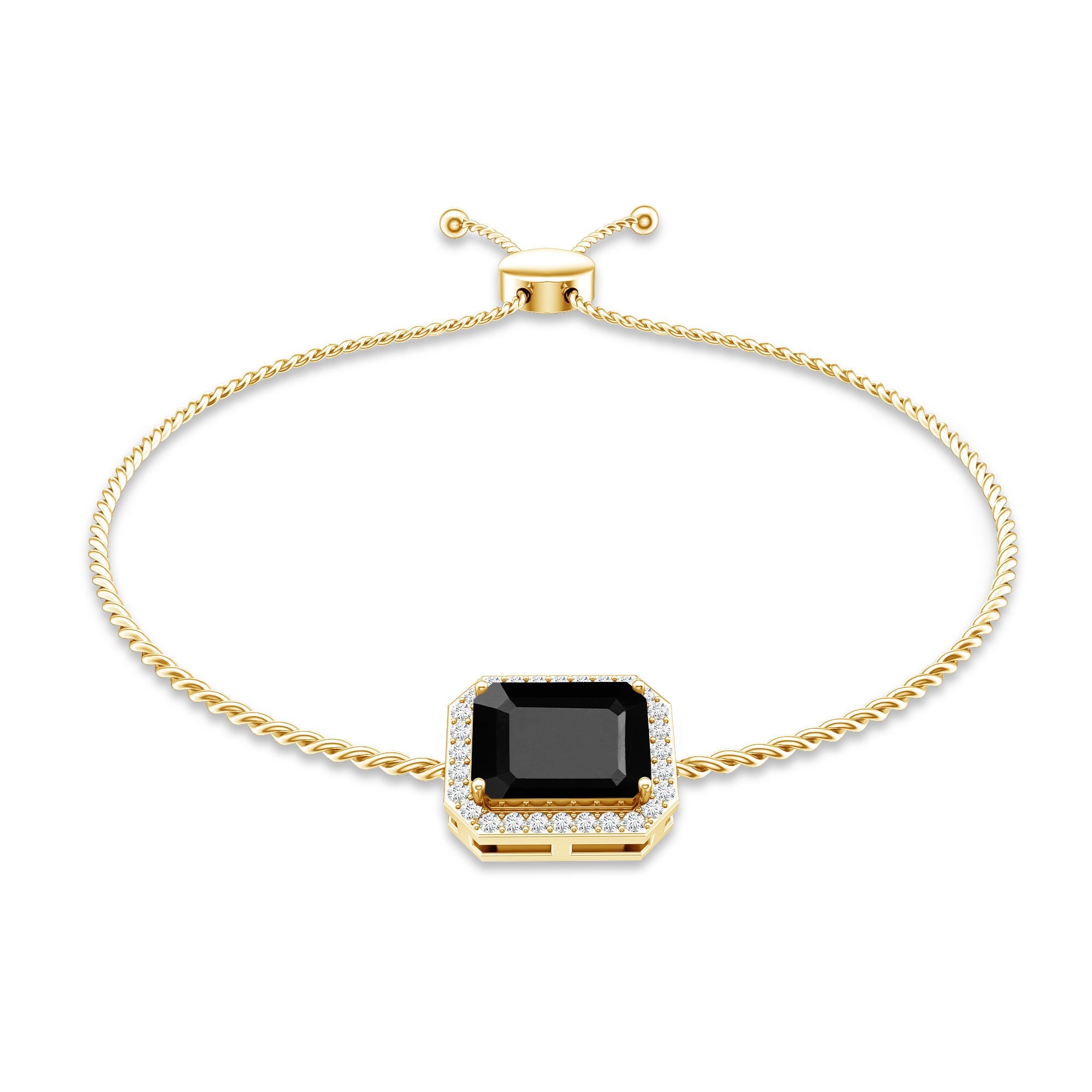 Natural 1.8 Carat Emerald Cut Black Onyx Bolo Bracelet with Diamond Halo