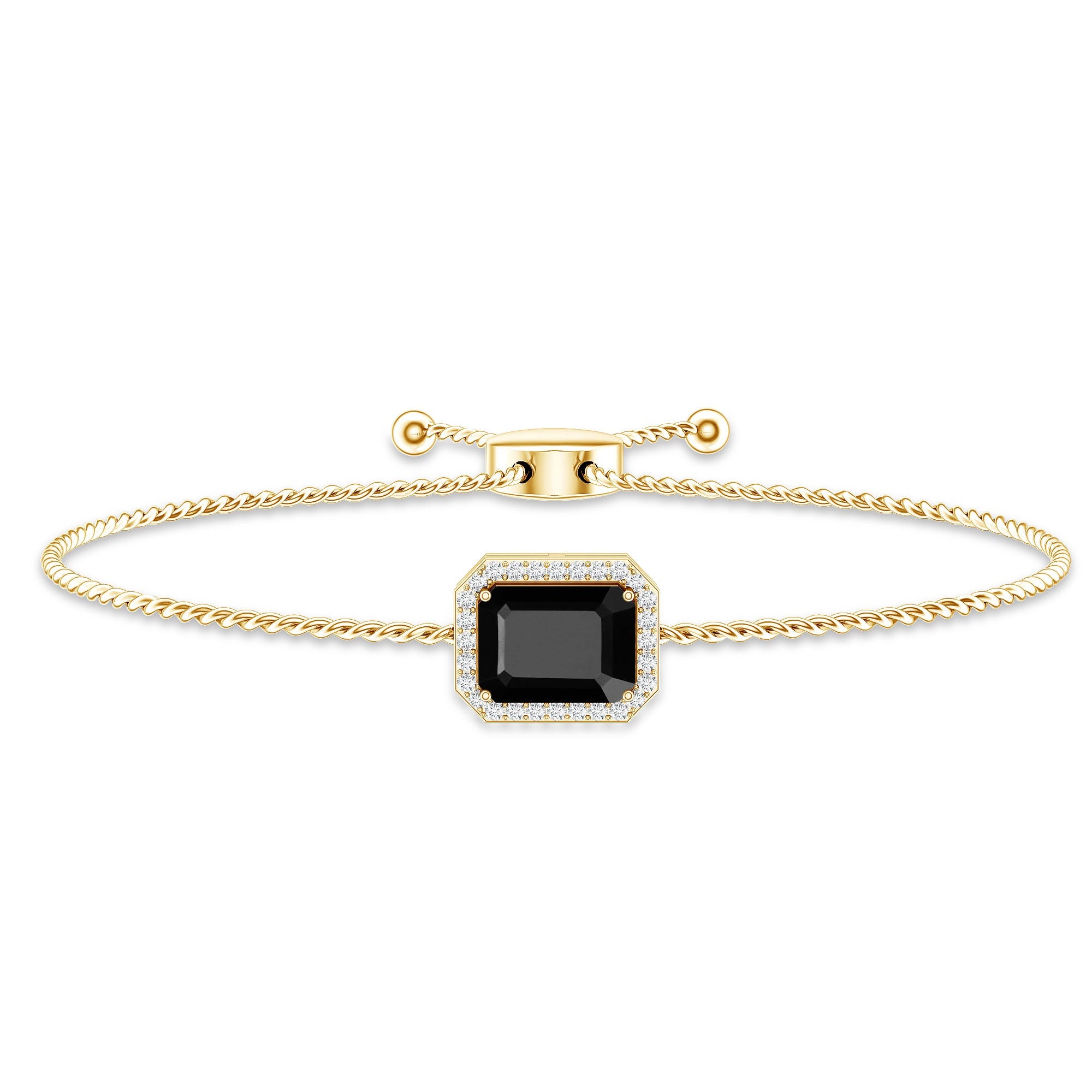Natural 1.8 Carat Emerald Cut Black Onyx Bolo Bracelet with Diamond Halo