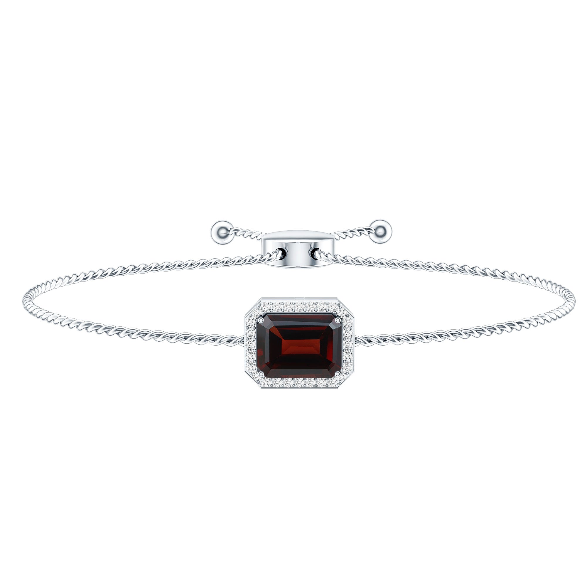 Real 2 Carat Emerald Cut Garnet Bolo Bracelet with Diamond Halo