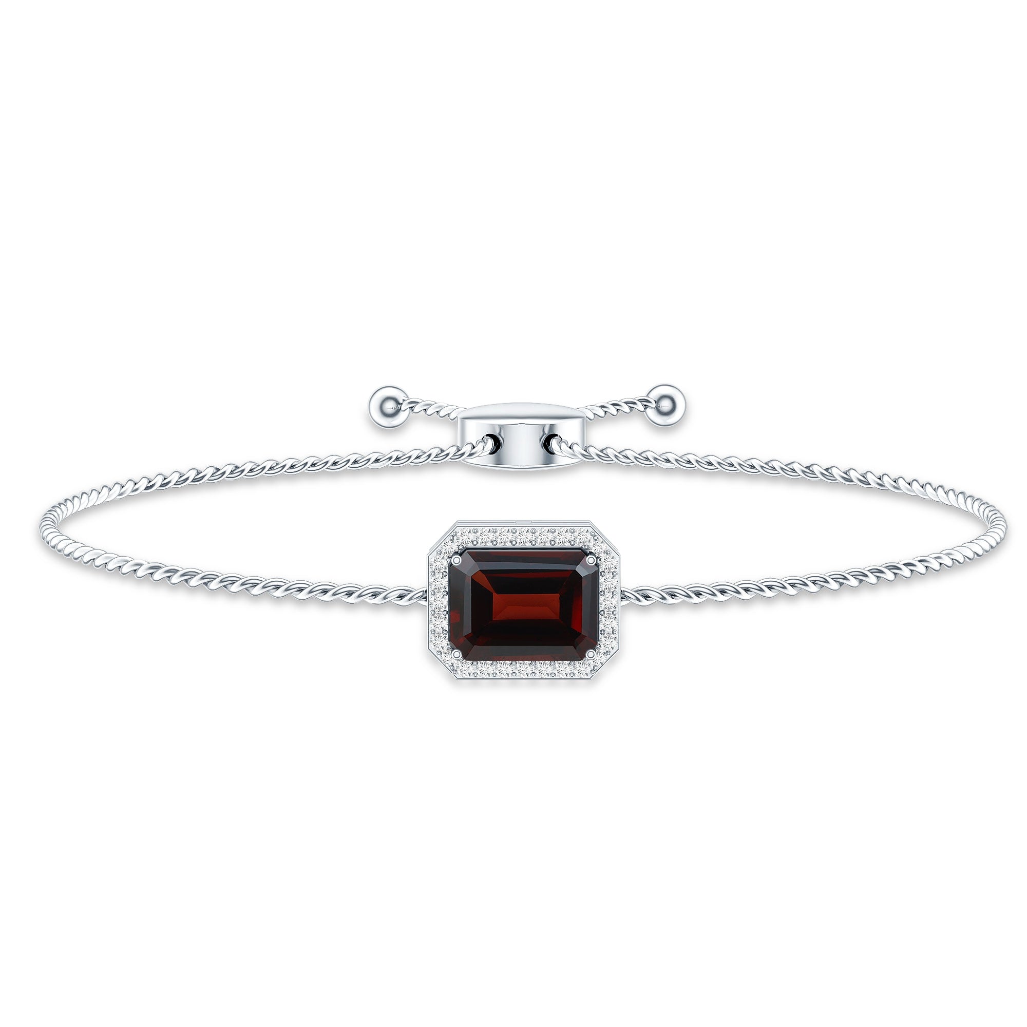 Real 2 Carat Emerald Cut Garnet Bolo Bracelet with Diamond Halo