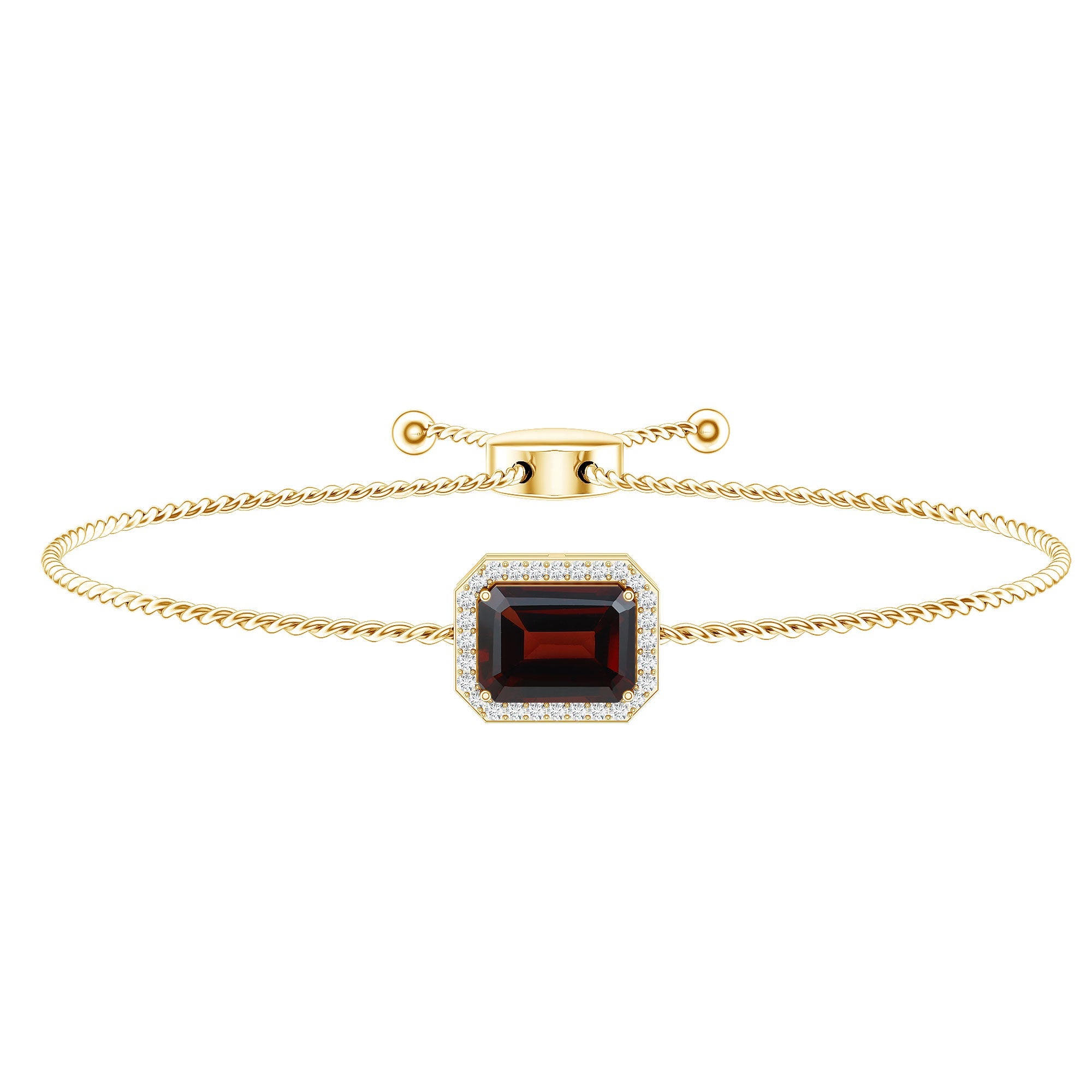 Real 2 Carat Emerald Cut Garnet Bolo Bracelet with Diamond Halo