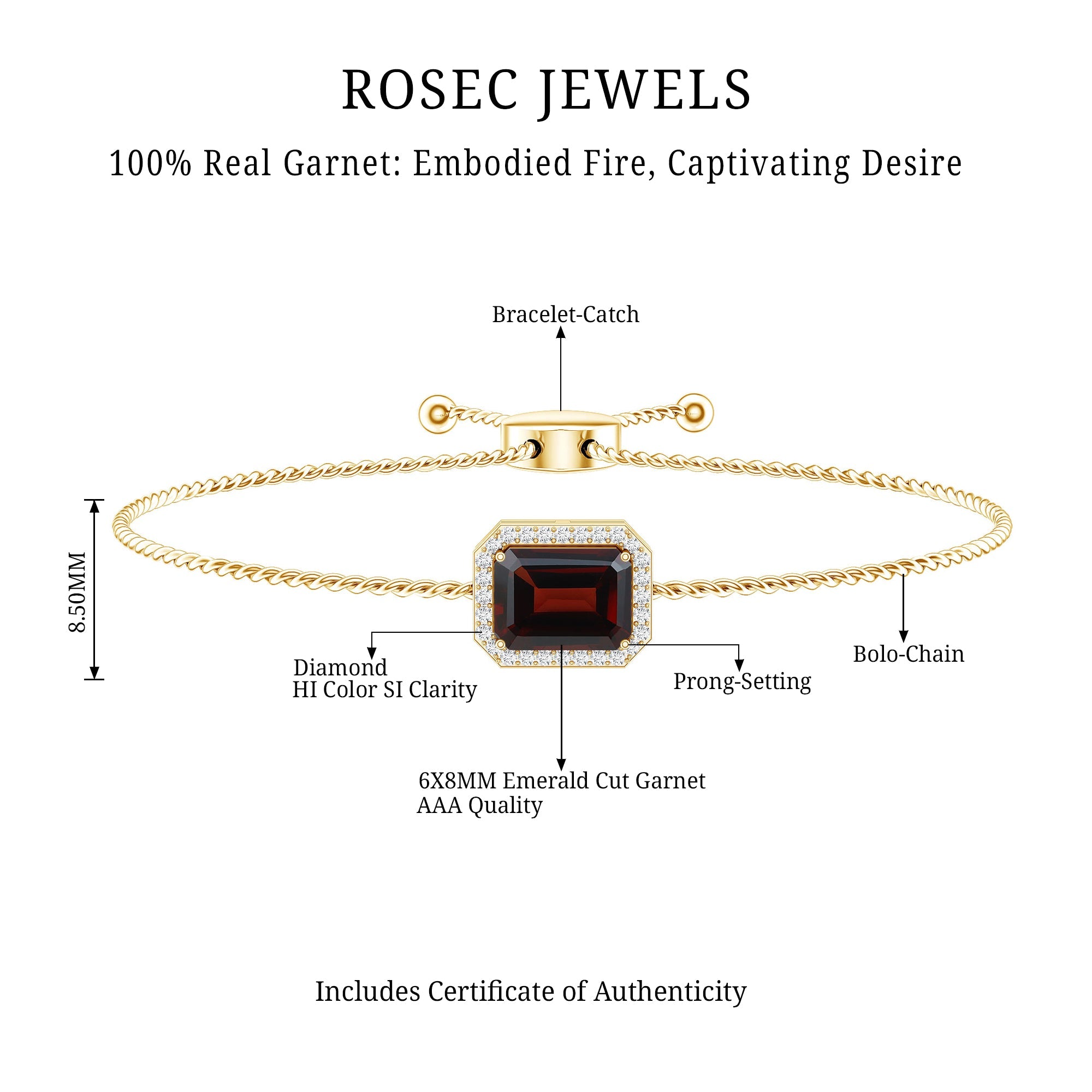 Real 2 Carat Emerald Cut Garnet Bolo Bracelet with Diamond Halo