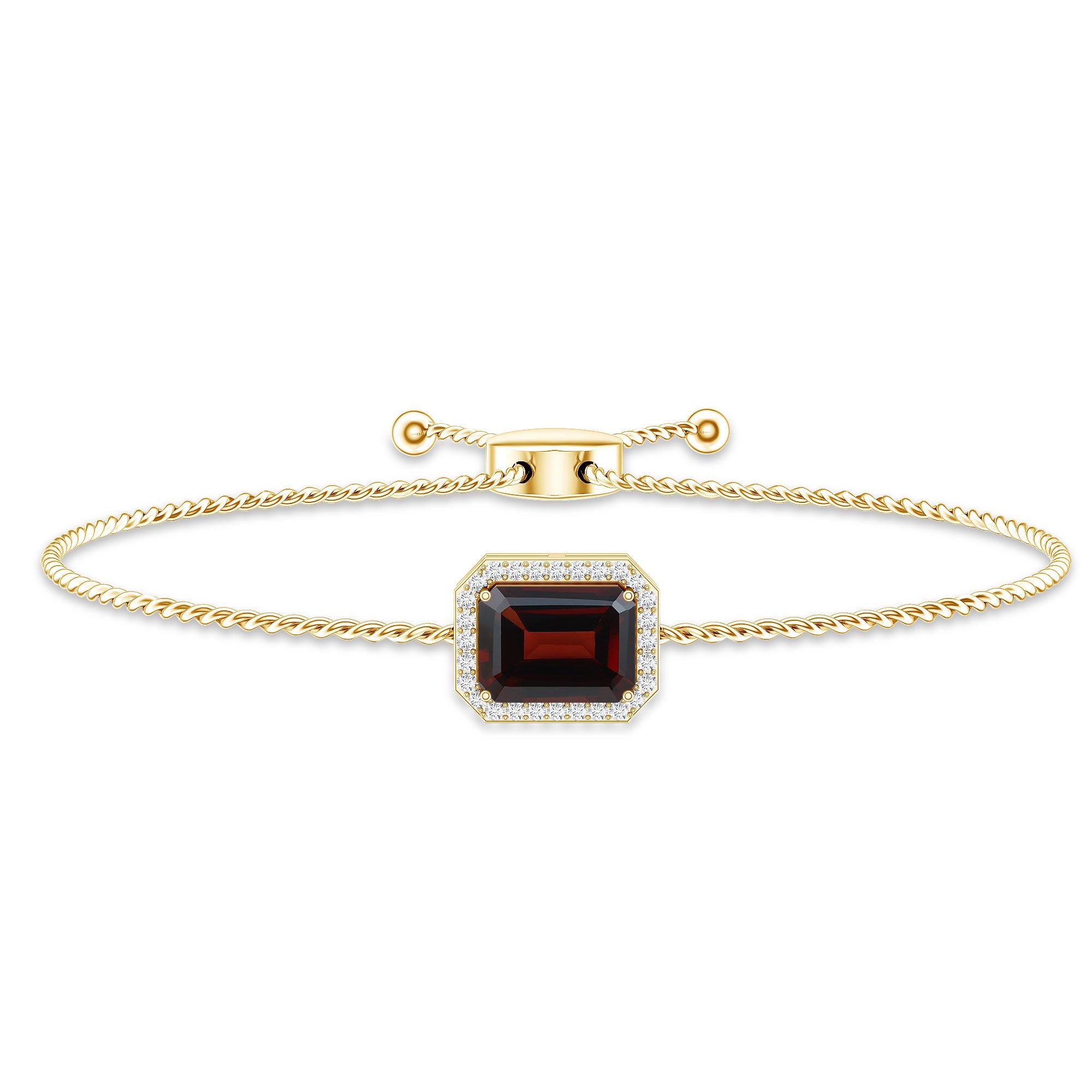 Real 2 Carat Emerald Cut Garnet Bolo Bracelet with Diamond Halo