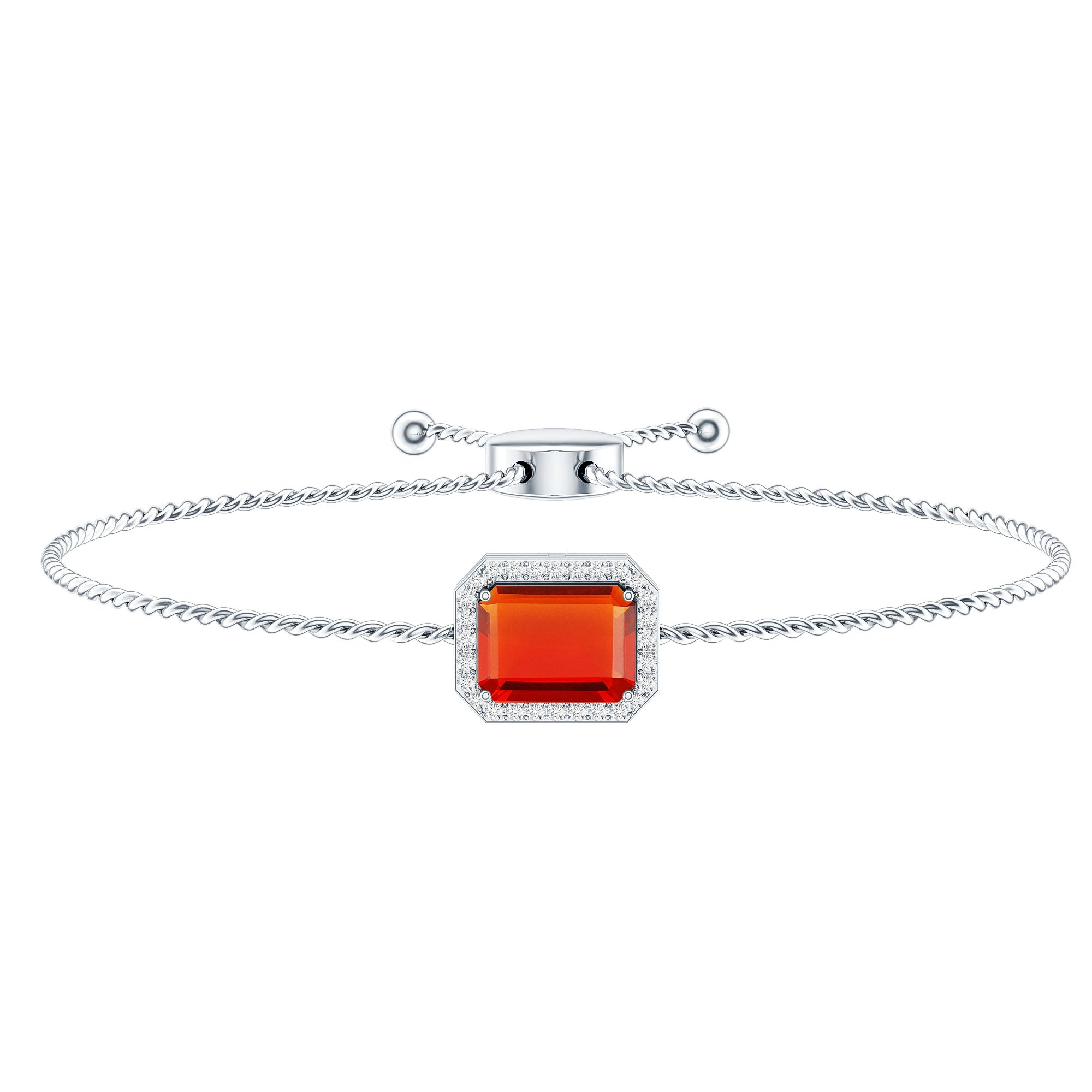 Real 1 Carat Emerald Cut Fire Opal Bolo Bracelet with Diamond Halo