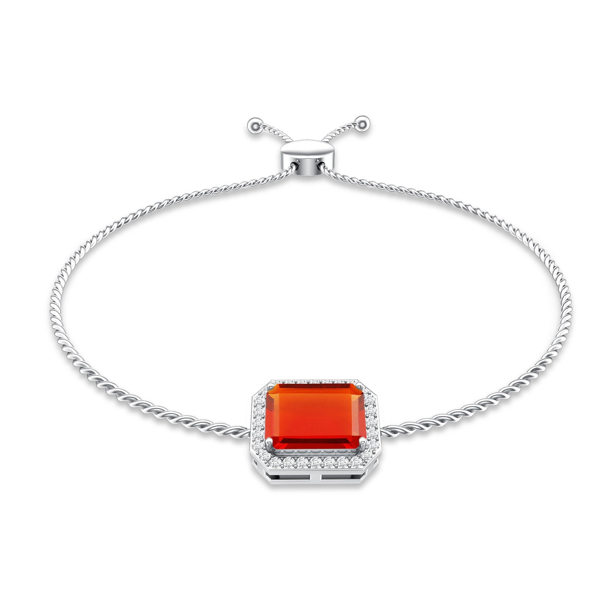 Real 1 Carat Emerald Cut Fire Opal Bolo Bracelet with Diamond Halo