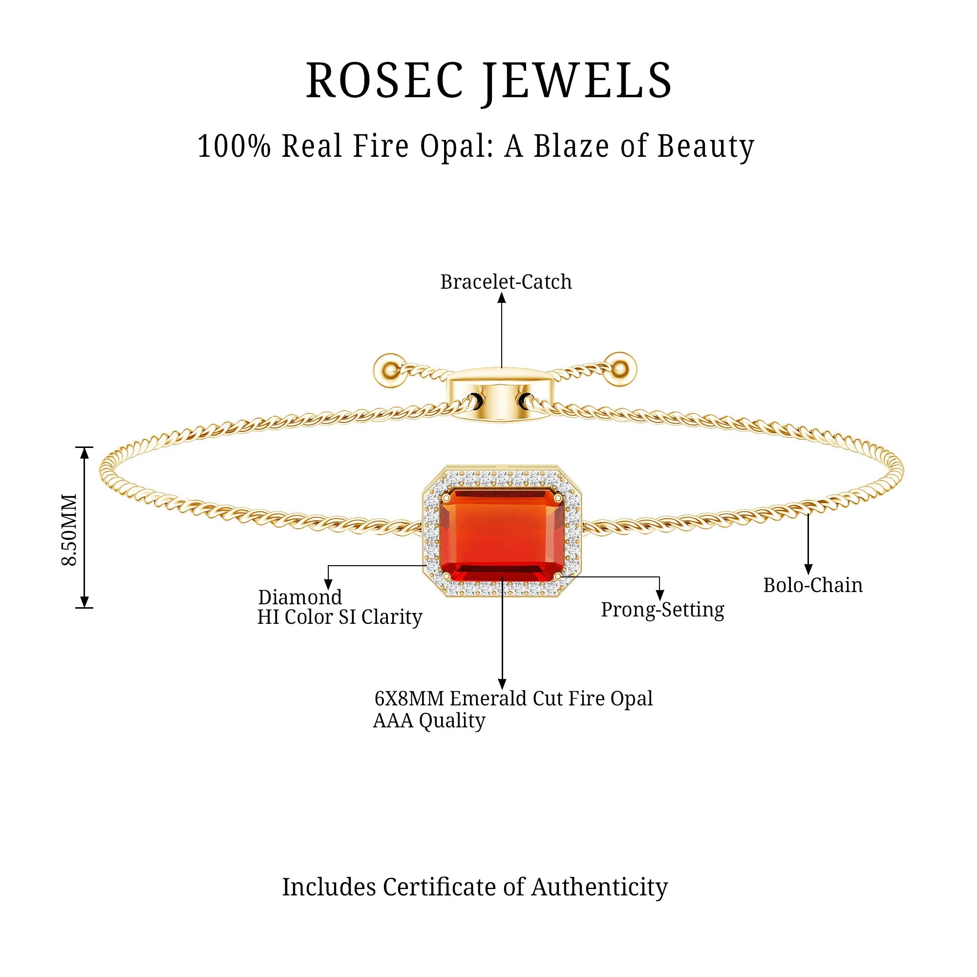 Real 1 Carat Emerald Cut Fire Opal Bolo Bracelet with Diamond Halo