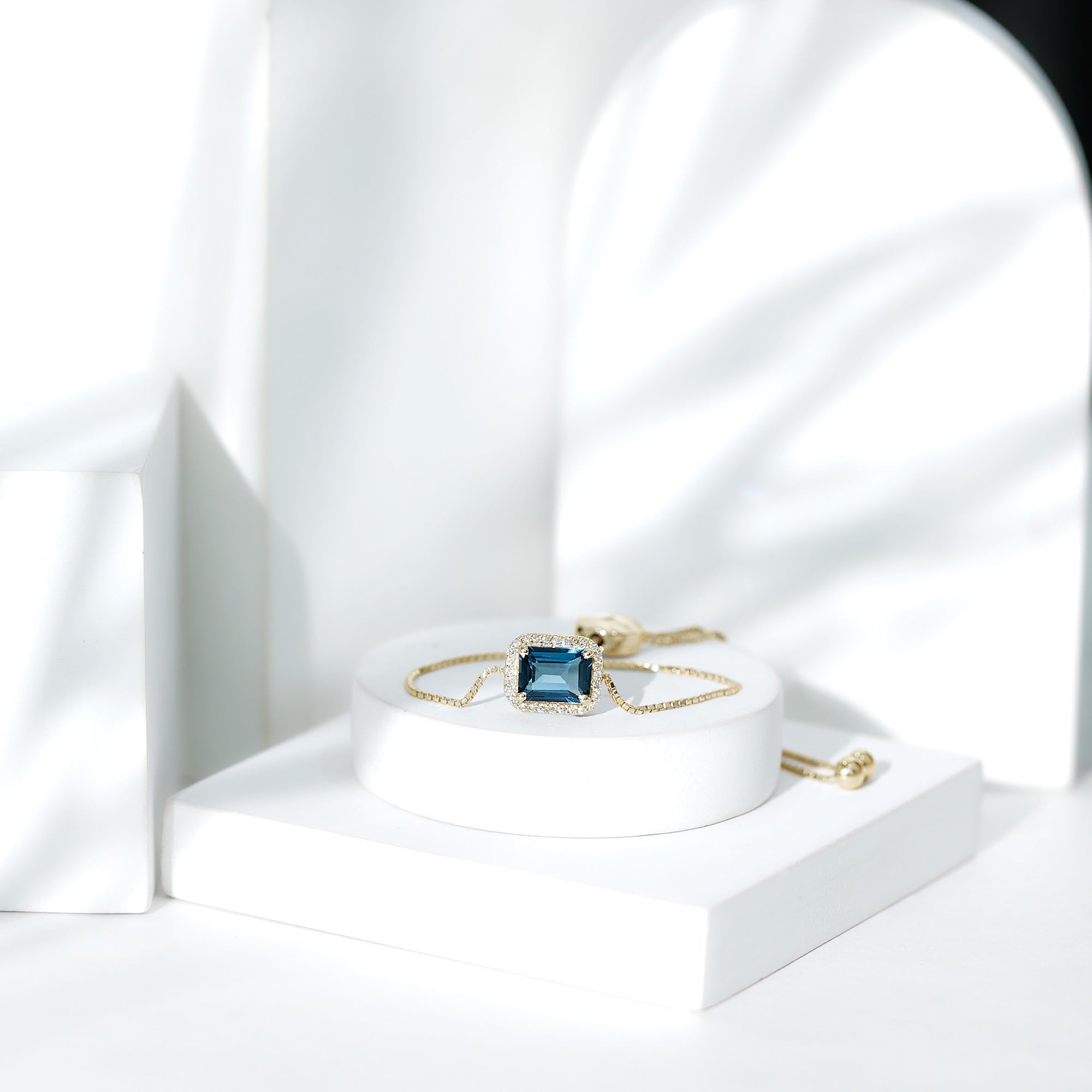 Emerald Cut London Blue Topaz and Diamond Bolo Chain Bracelet