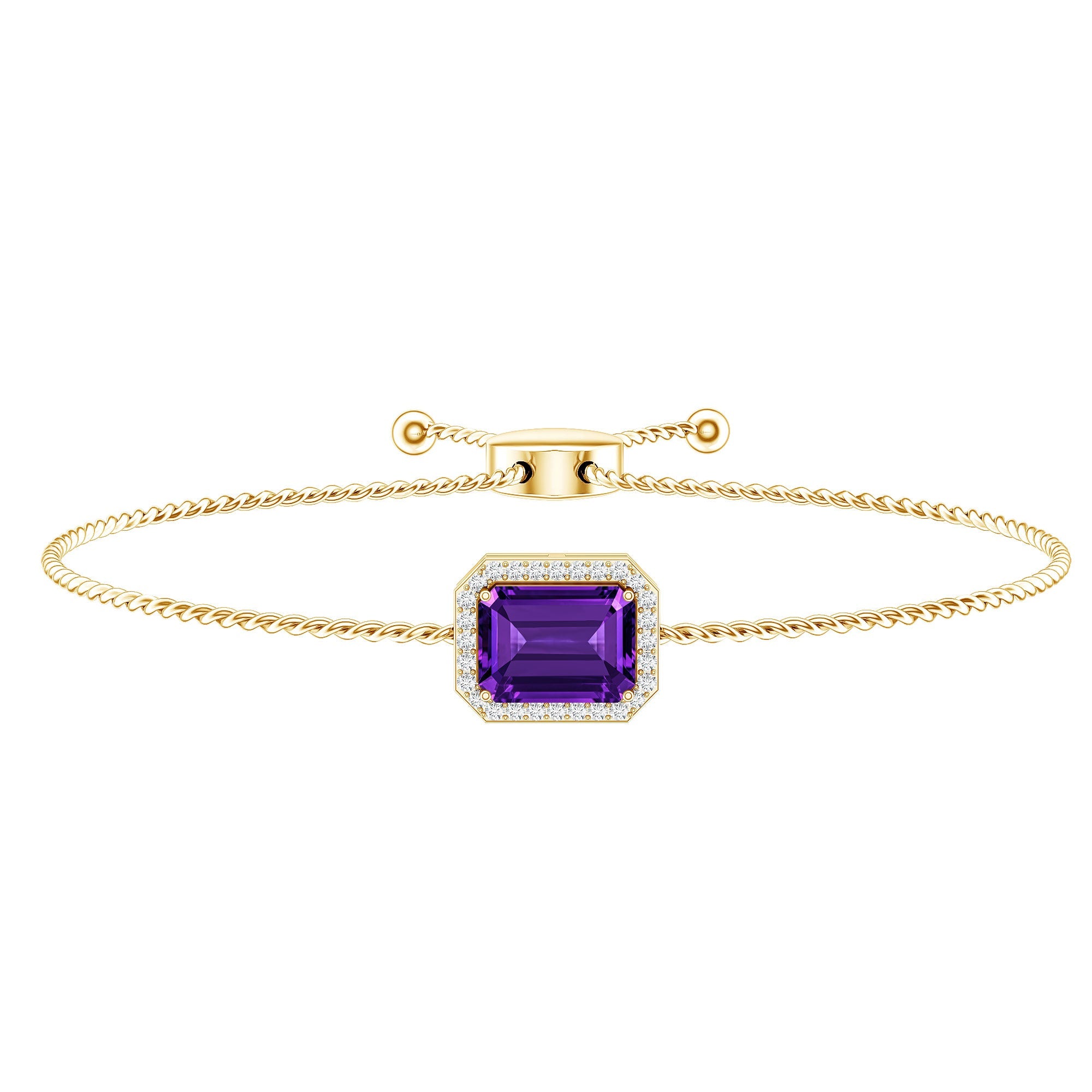 Natural 1.4 Carat Emerald Cut Amethyst Diamond Bolo Bracelet