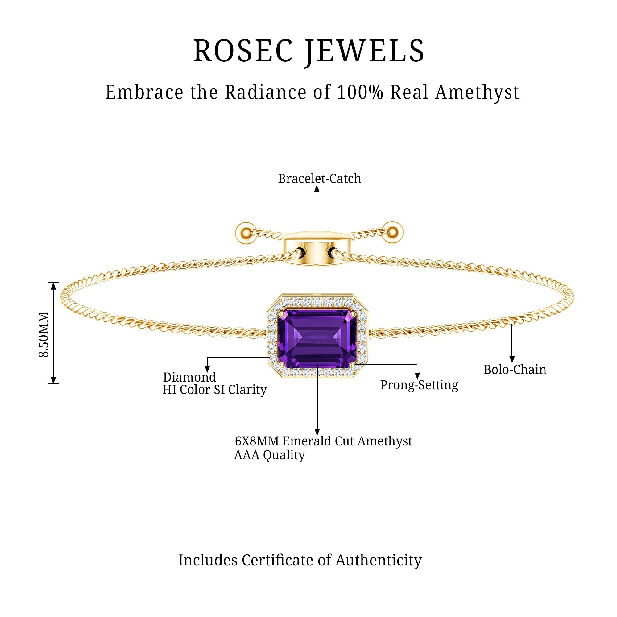 Natural 1.4 Carat Emerald Cut Amethyst Diamond Bolo Bracelet