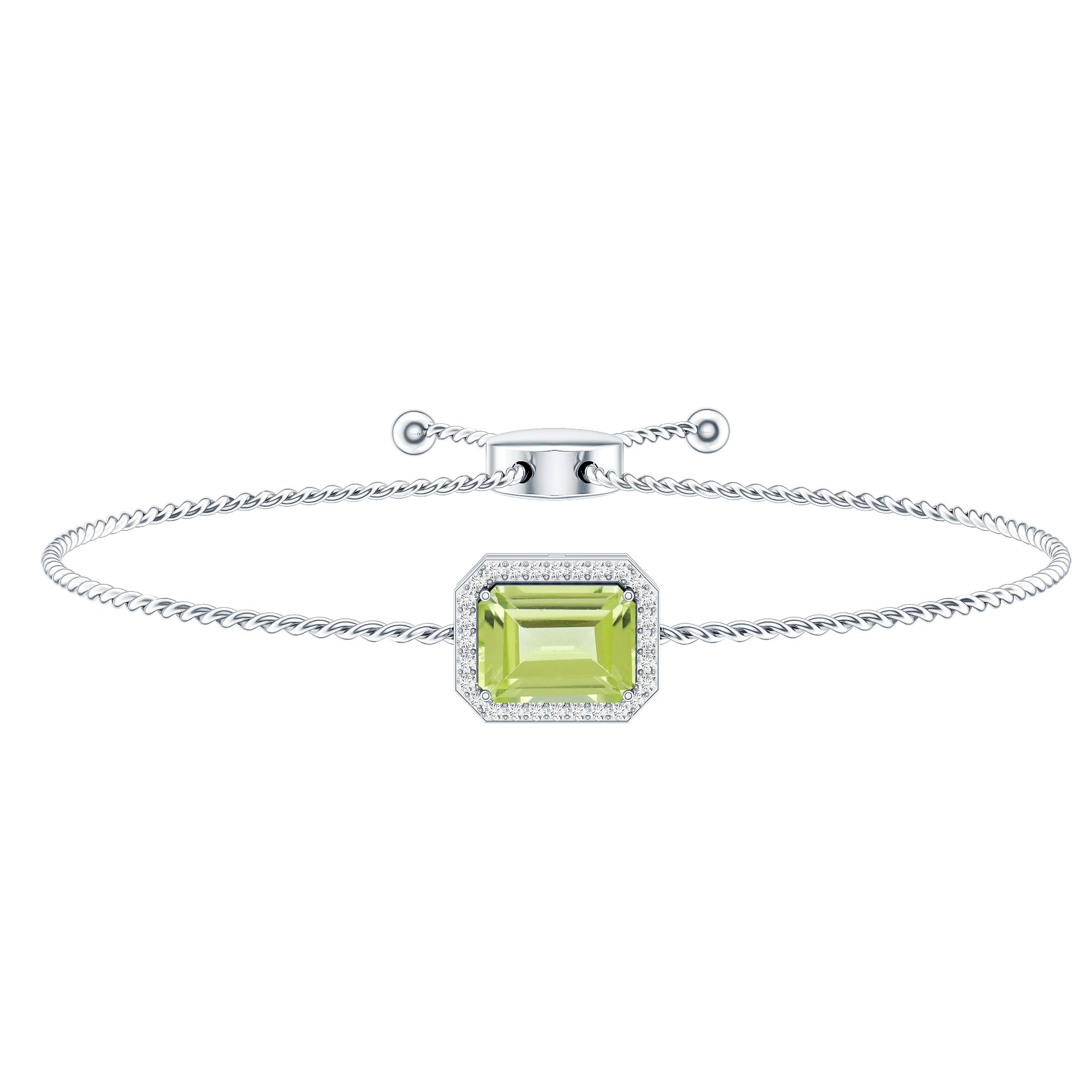 1.8 Carat Emerald Cut Peridot and Diamond Bolo Chain Bracelet