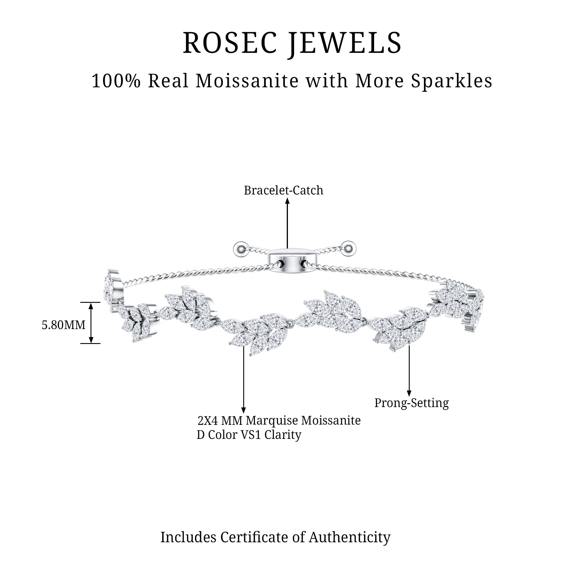 Leaf Bolo Bracelet with Marquise Cut Moissanite
