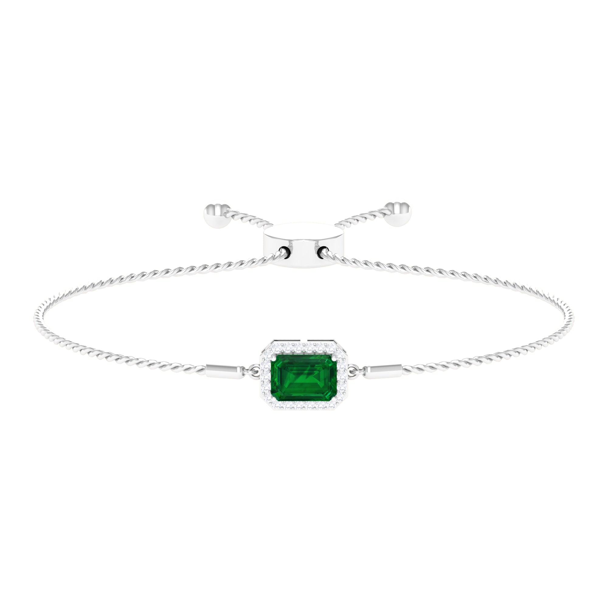 1.6 Carat Emerald Cut Lab Created Emerald Bolo Bracelet with Diamond Halo