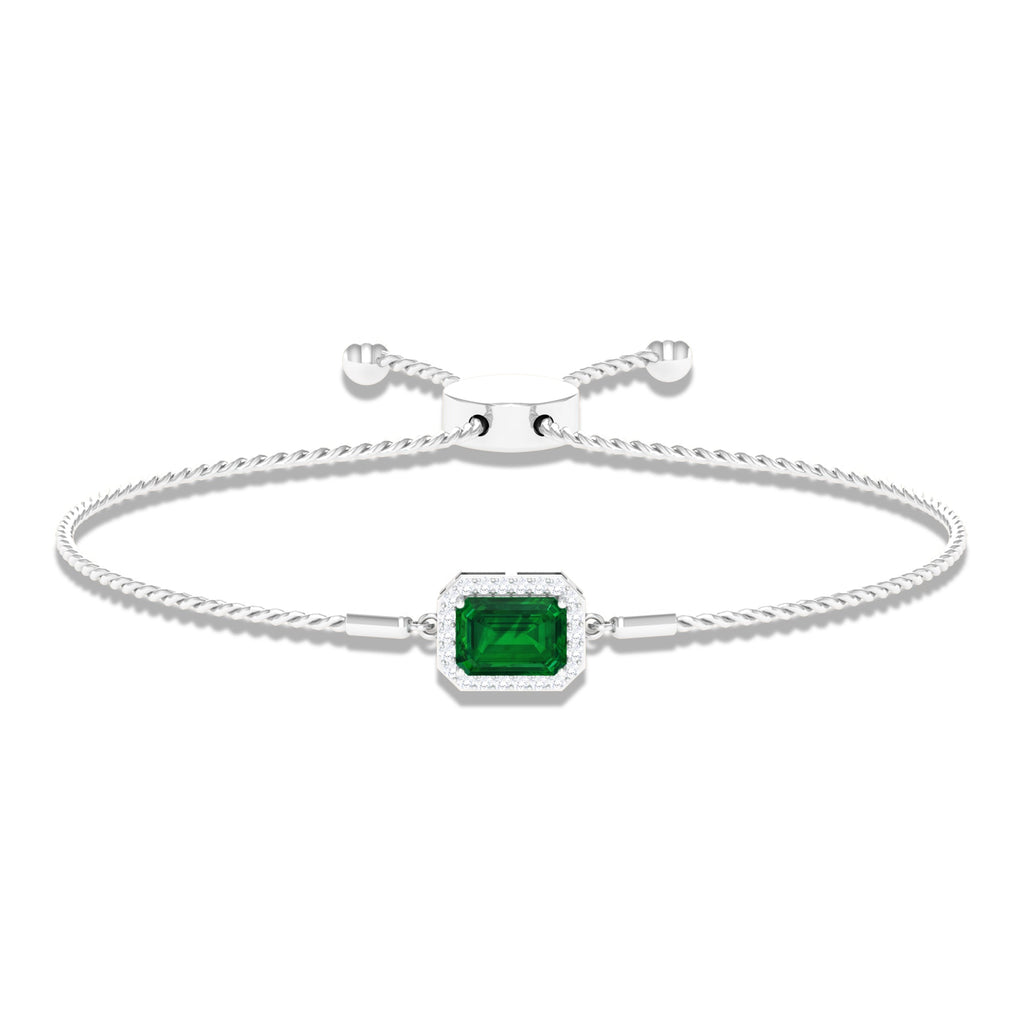 1.6 Carat Emerald Cut Lab Created Emerald Bolo Bracelet with Diamond Halo