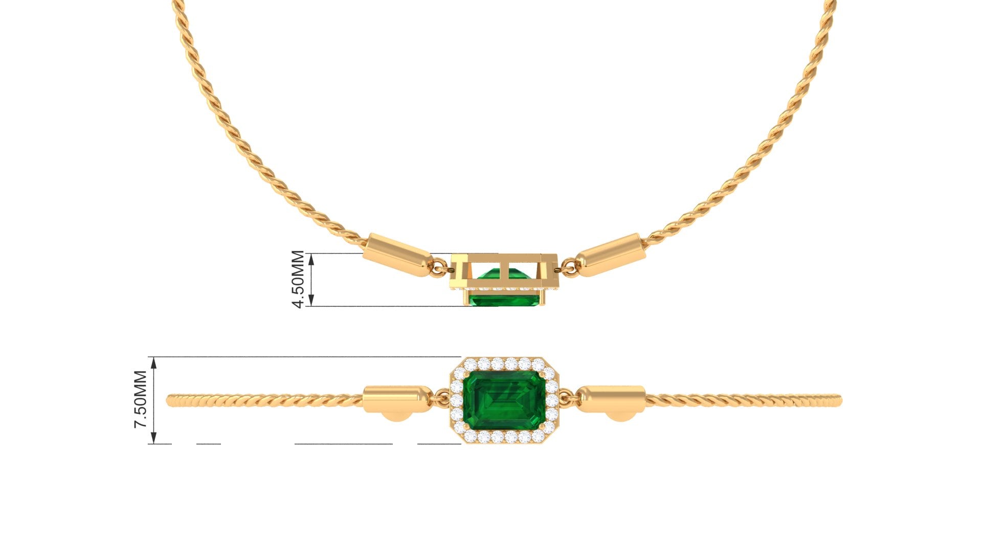 1.6 Carat Emerald Cut Lab Created Emerald Bolo Bracelet with Diamond Halo