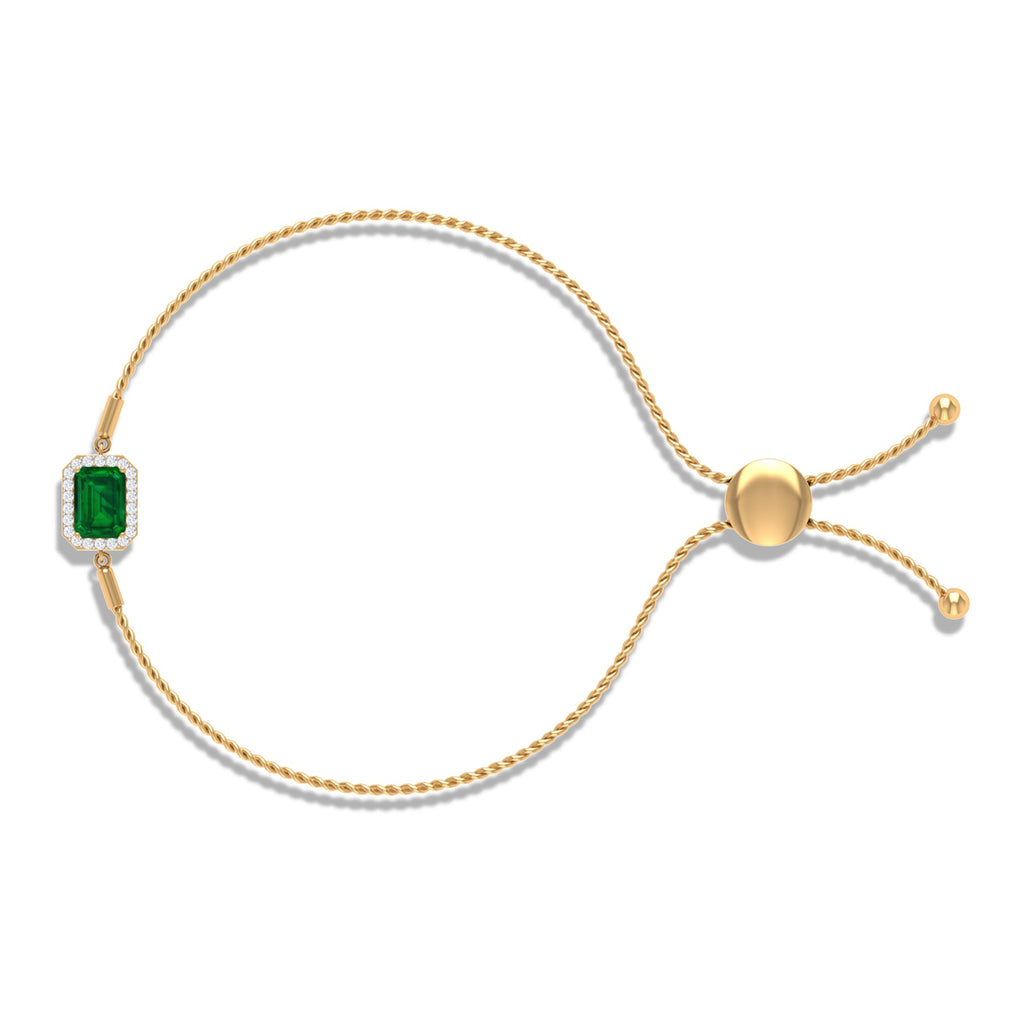 1.6 Carat Emerald Cut Lab Created Emerald Bolo Bracelet with Diamond Halo
