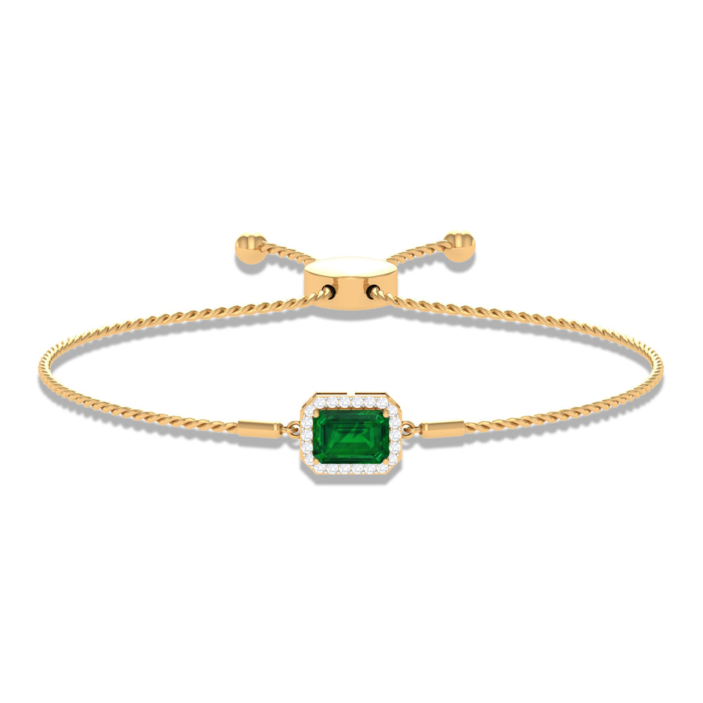 1.6 Carat Emerald Cut Lab Created Emerald Bolo Bracelet with Diamond Halo