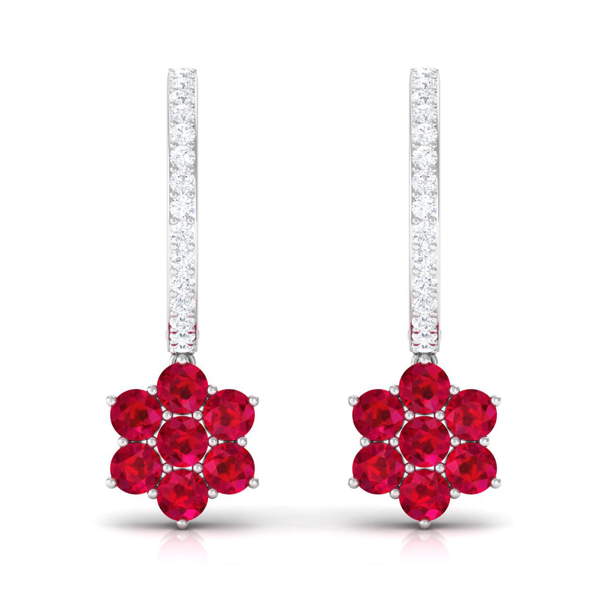 Lab Created Ruby Flower Drop Hoop Earrings with Diamond
