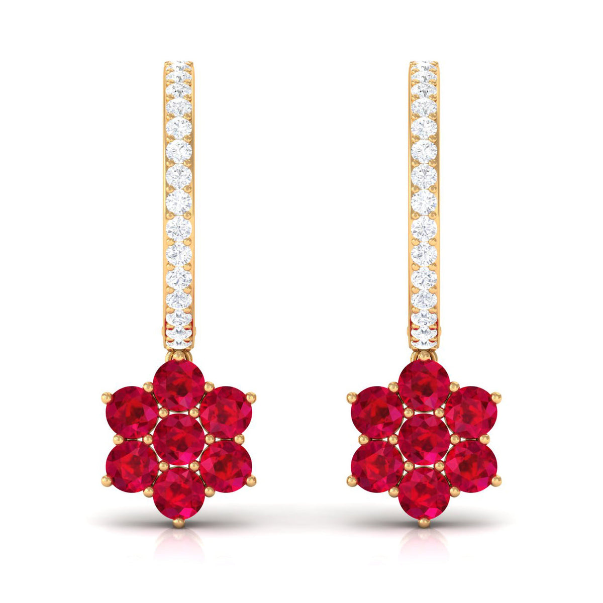 Lab Created Ruby Flower Drop Hoop Earrings with Diamond