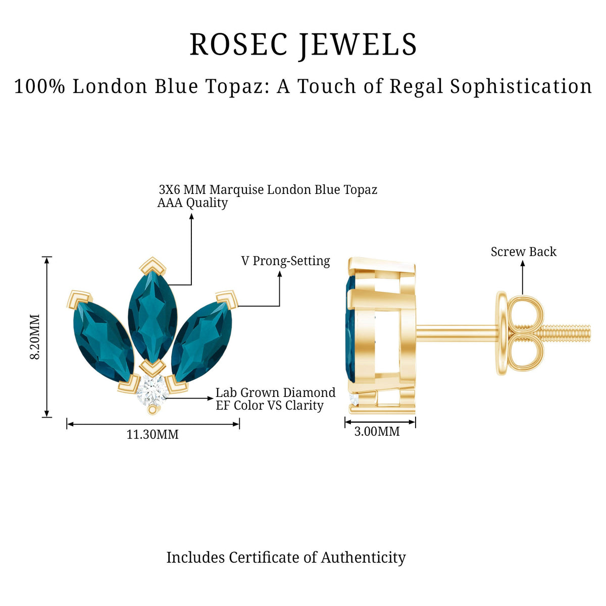 Floral Stud Earrings with London Blue Topaz and Diamond