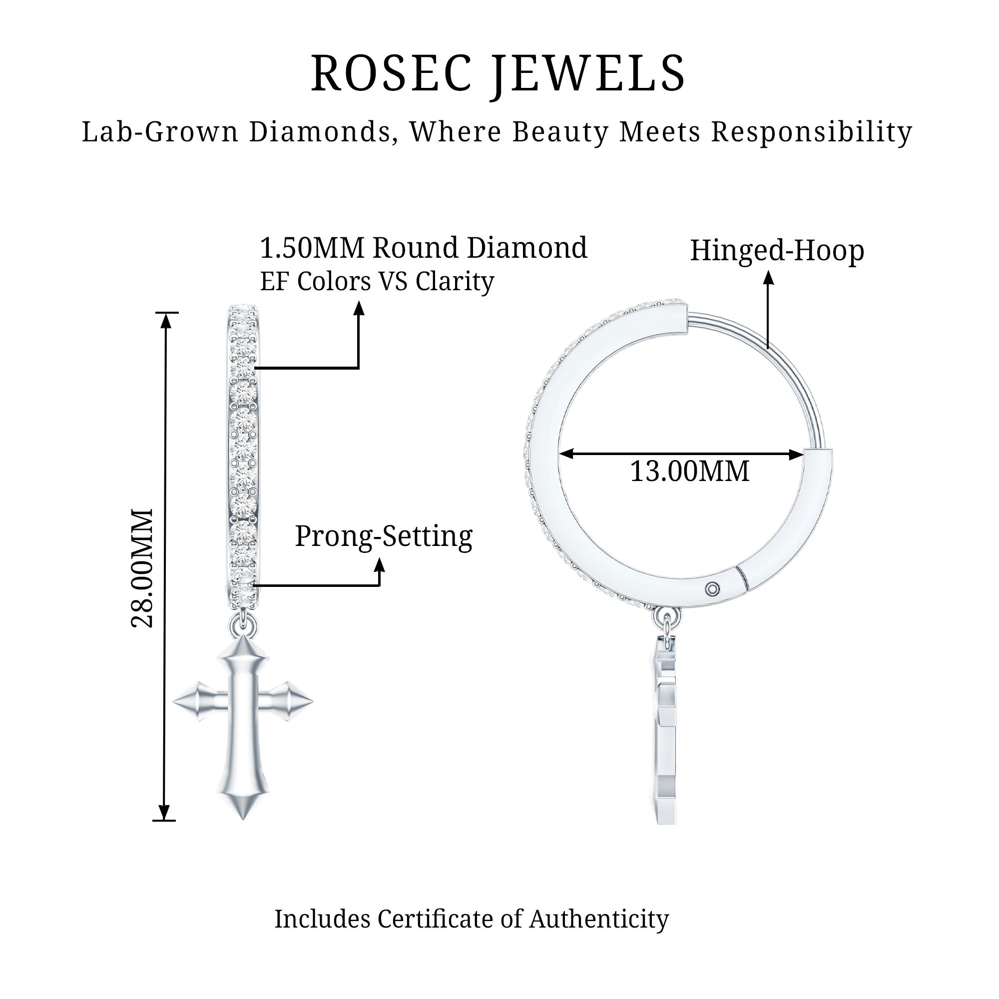 Lab Grown Diamond Holy Cross Hoop Drop Earrings For Women
