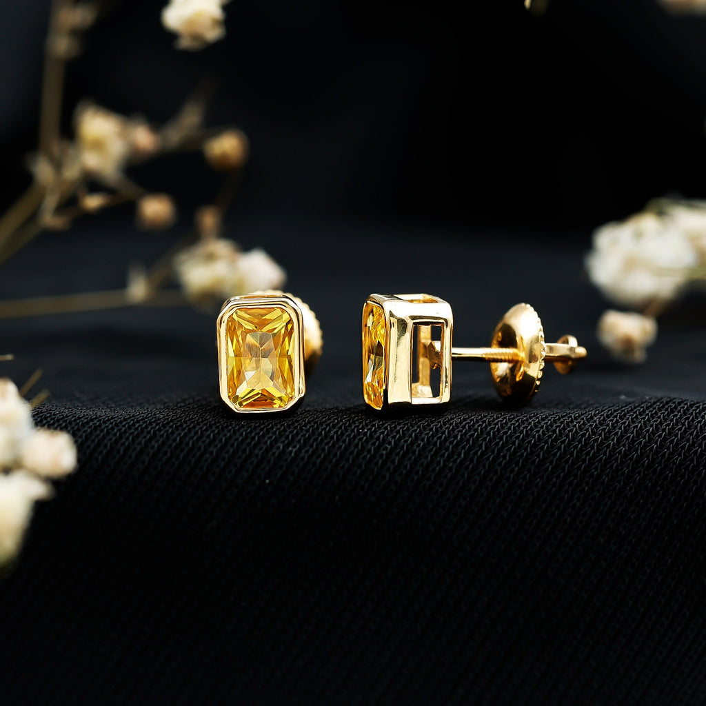 Certified 1.5 Carat Emerald Cut Lab Grown Yellow Sapphire Stud Earrings