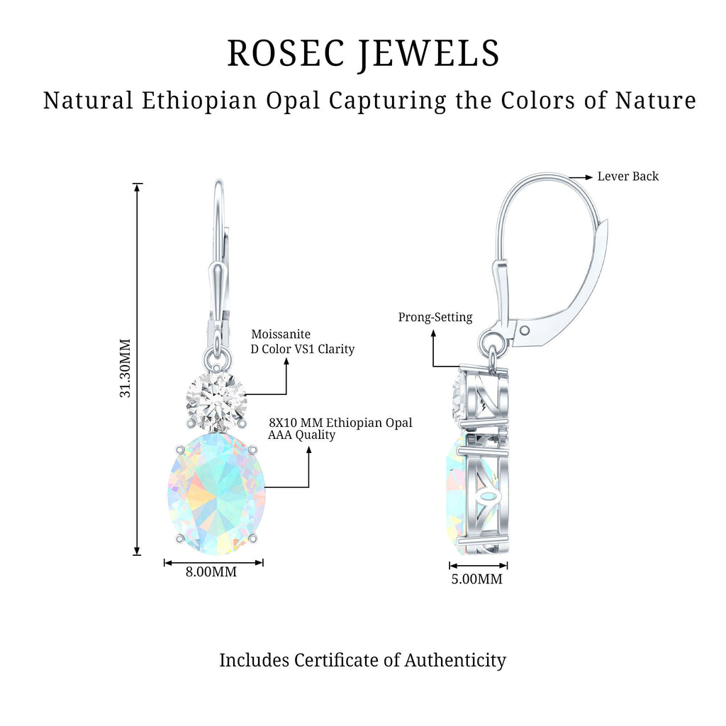 Certified Real 2.6 Carat Oval Ethiopian Opal Drop Earrings with Moissanite