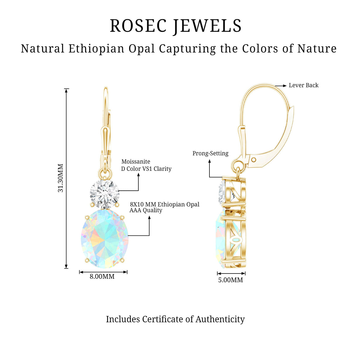 Certified Real 2.6 Carat Oval Ethiopian Opal Drop Earrings with Moissanite