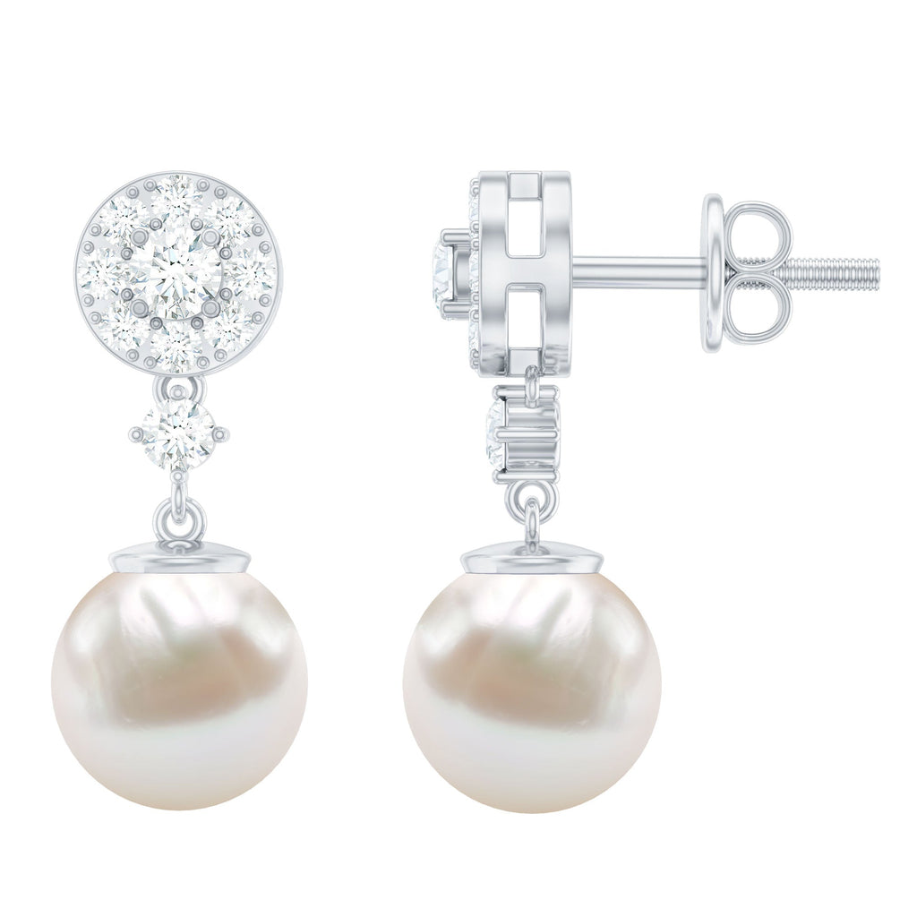 Genuine 6 Carat Freshwater Cultured Pearl Drop Earrings with Diamonds