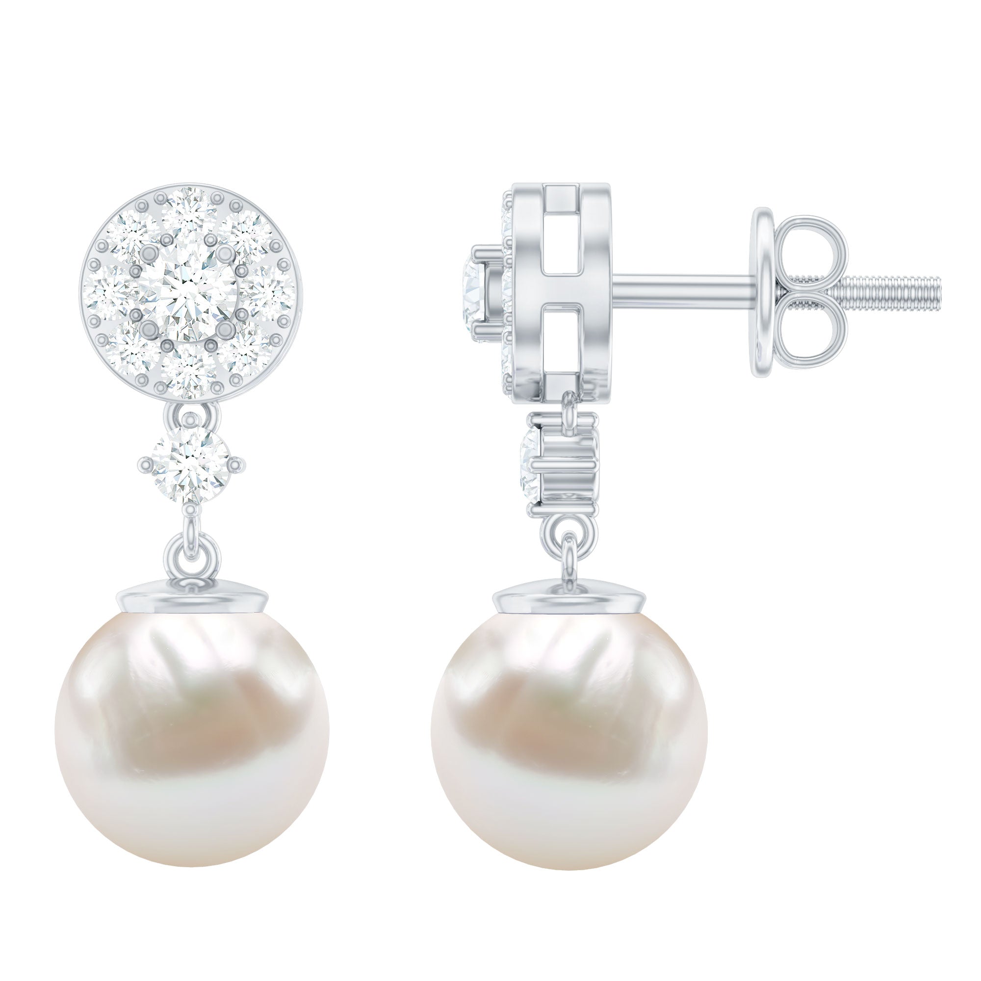 Genuine 6 Carat Freshwater Cultured Pearl Drop Earrings with Diamonds