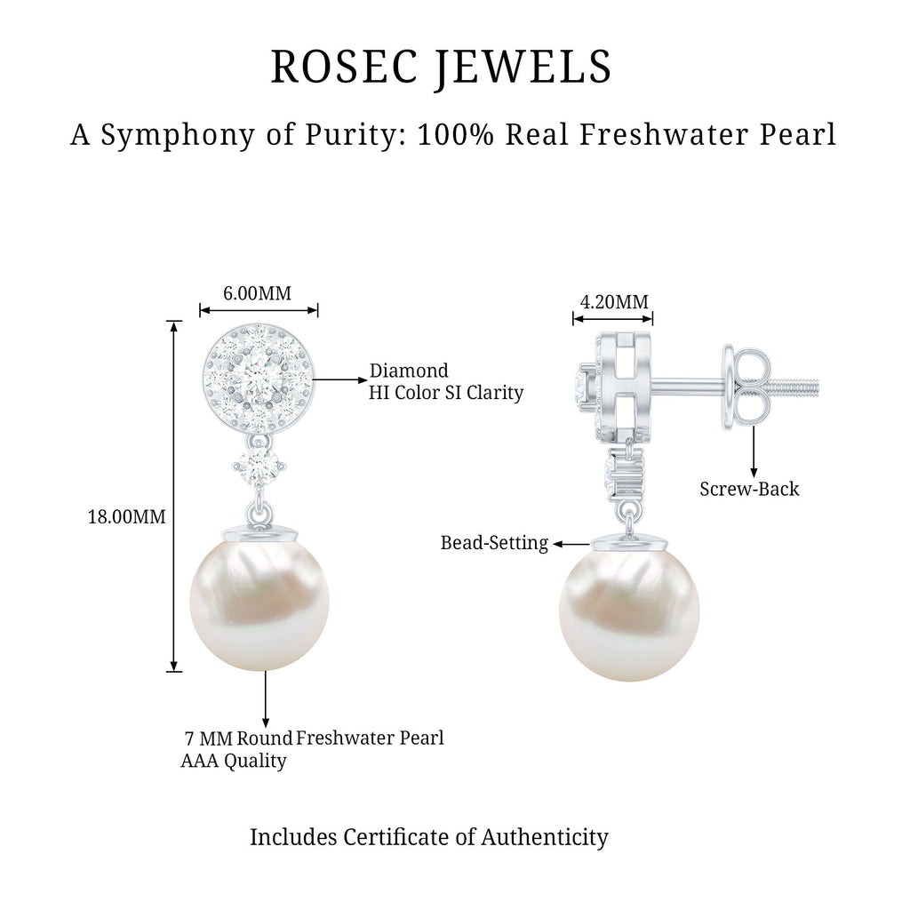 Genuine 6 Carat Freshwater Cultured Pearl Drop Earrings with Diamonds