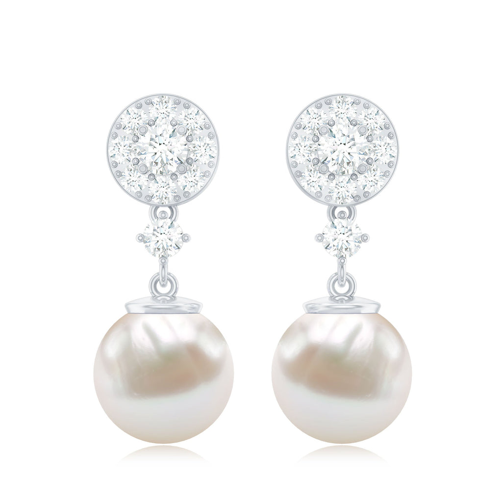 Genuine 6 Carat Freshwater Cultured Pearl Drop Earrings with Diamonds