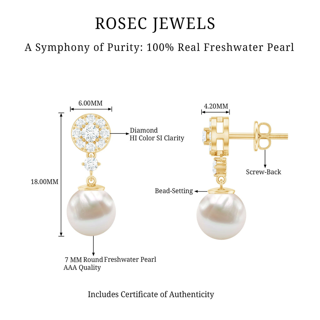 Genuine 6 Carat Freshwater Cultured Pearl Drop Earrings with Diamonds