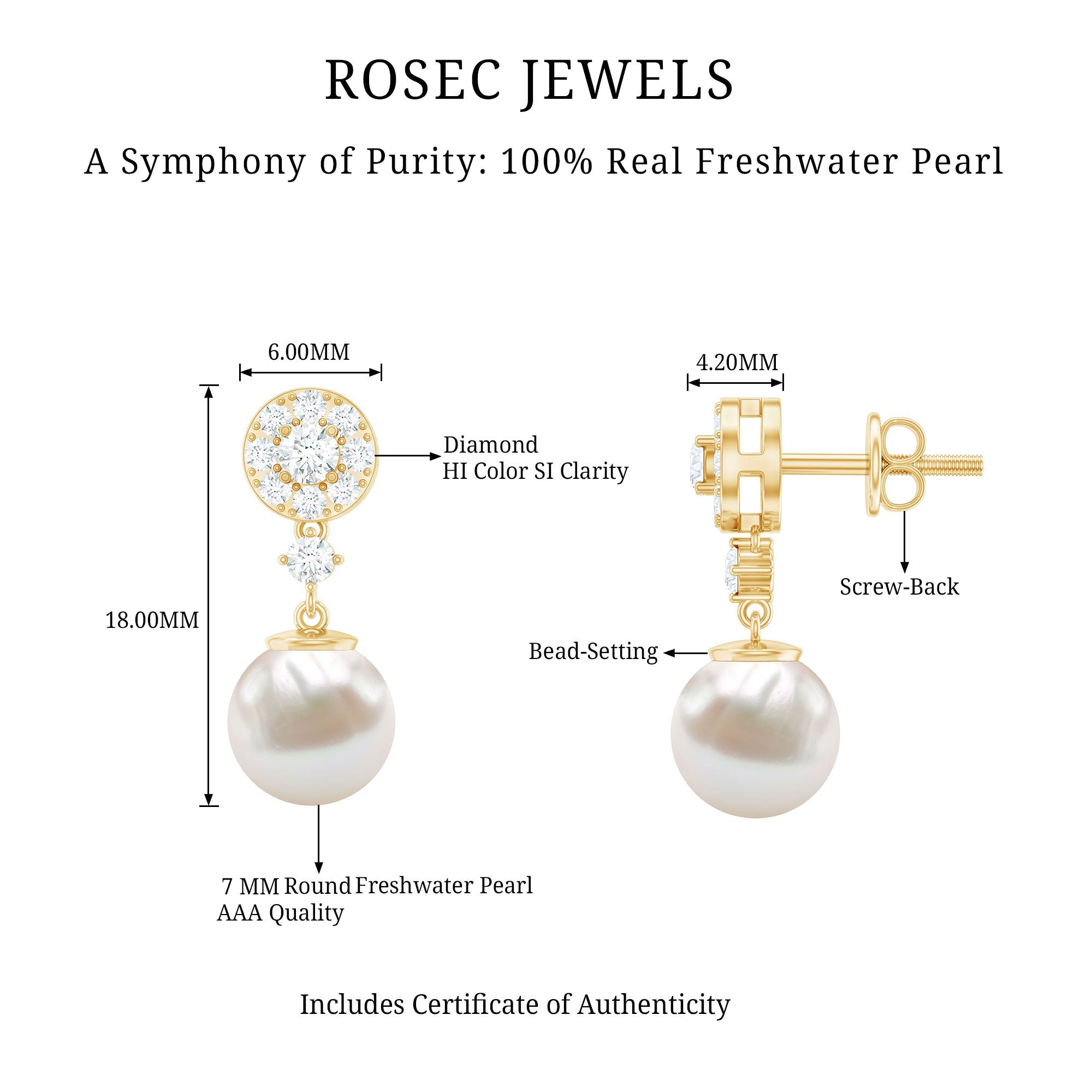 Genuine 6 Carat Freshwater Cultured Pearl Drop Earrings with Diamonds