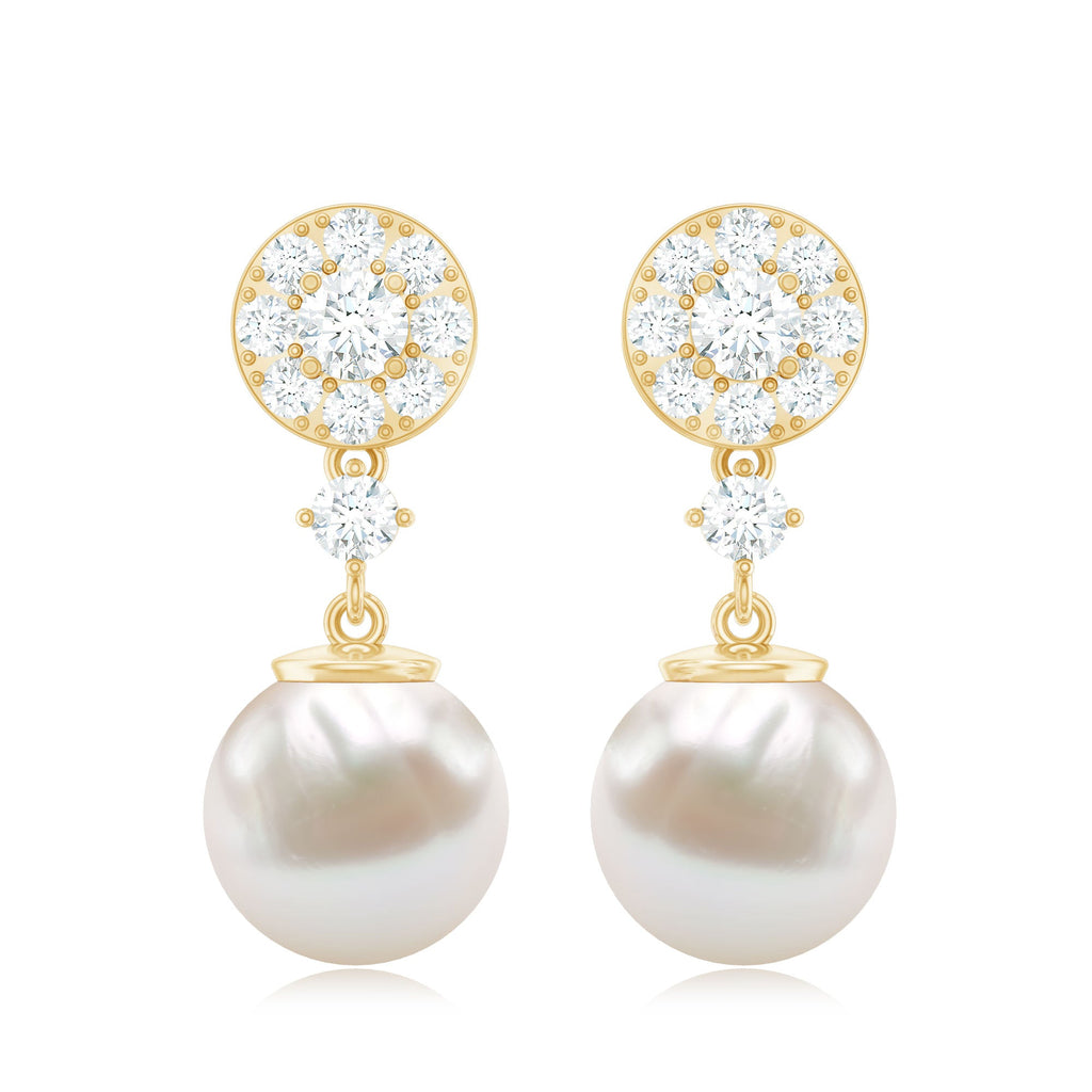 Genuine 6 Carat Freshwater Cultured Pearl Drop Earrings with Diamonds
