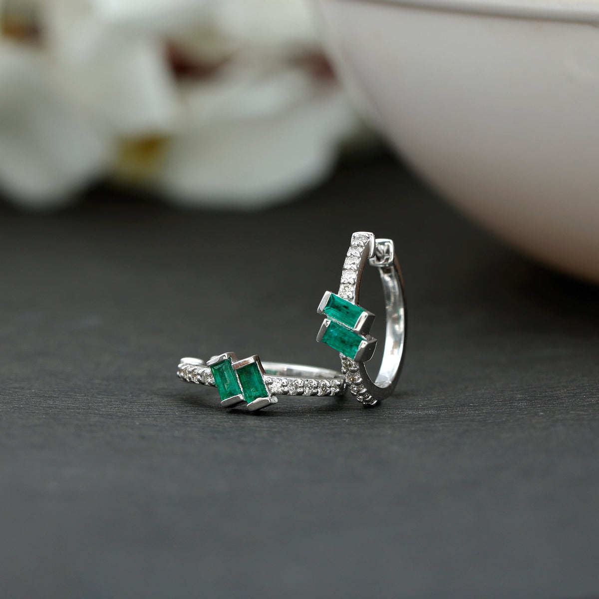 Baguette Emerald and Diamond Hoop Earrings For Women