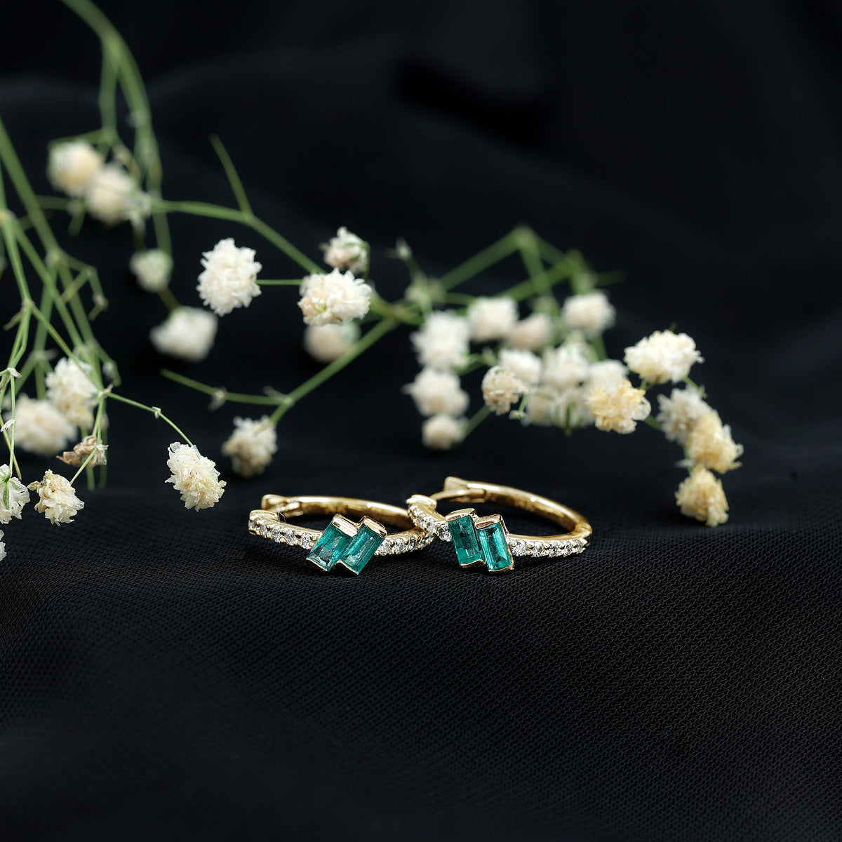 Baguette Emerald and Diamond Hoop Earrings For Women