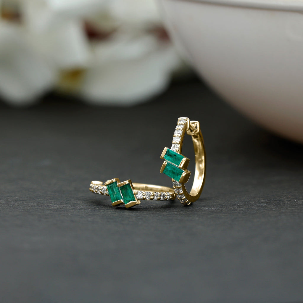 Baguette Emerald and Diamond Hoop Earrings For Women