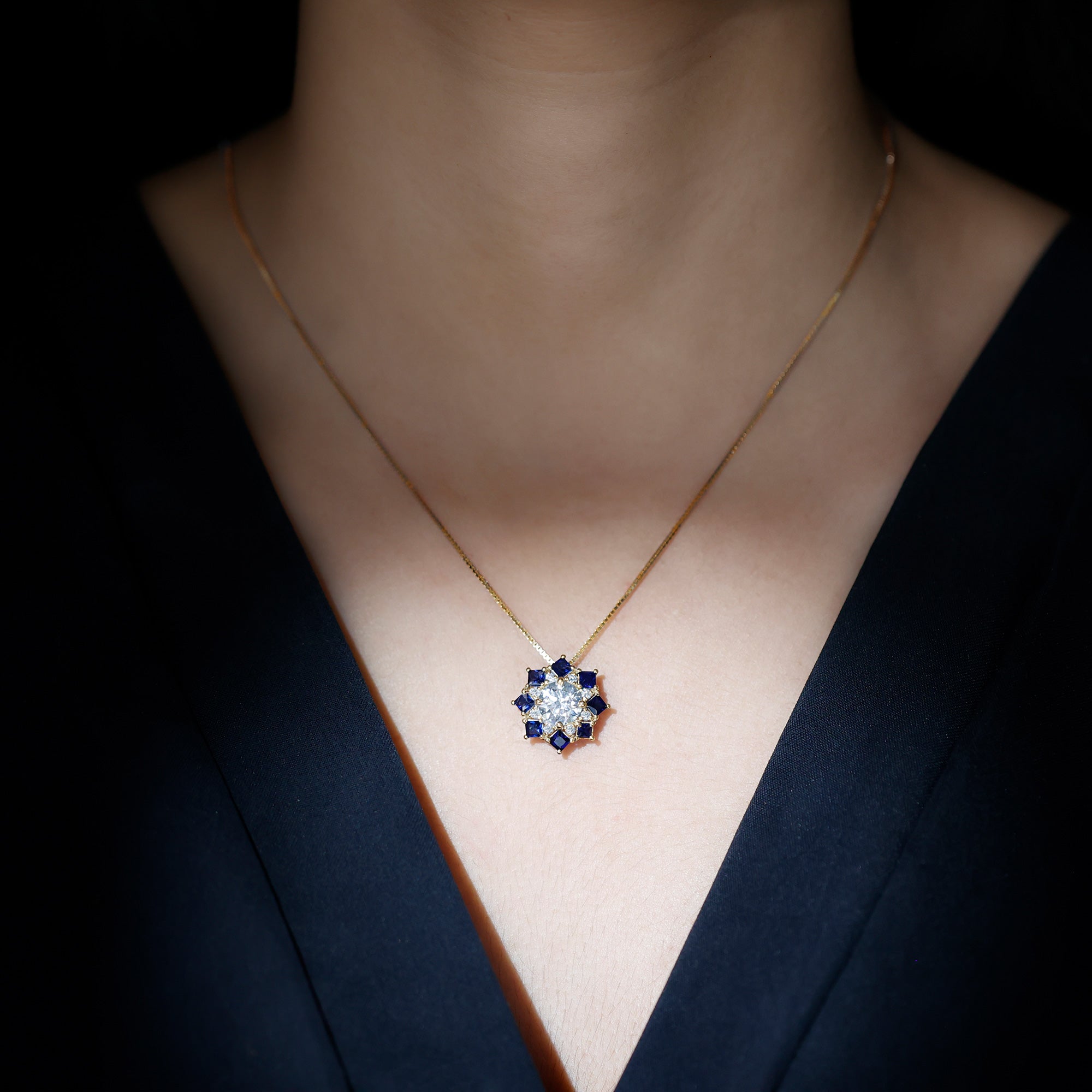 Lab Grown Diamond Art Deco Necklace With Blue Sapphire