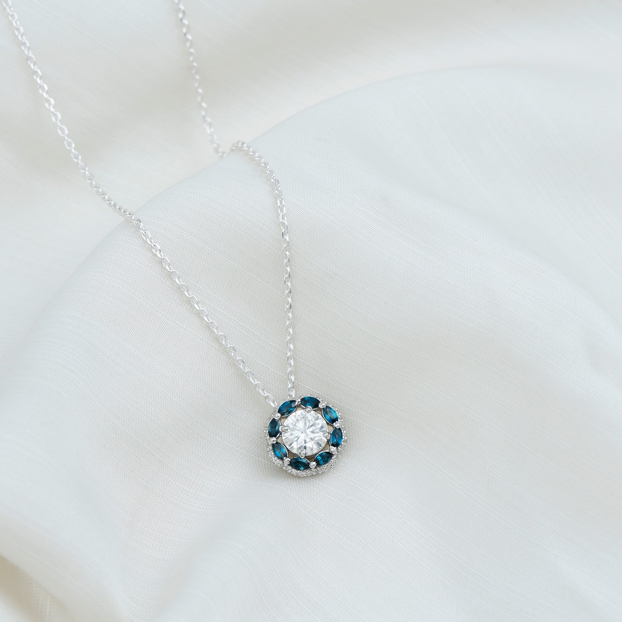 2 Carat Lab Grown Diamond Halo Necklace With London Blue Topaz