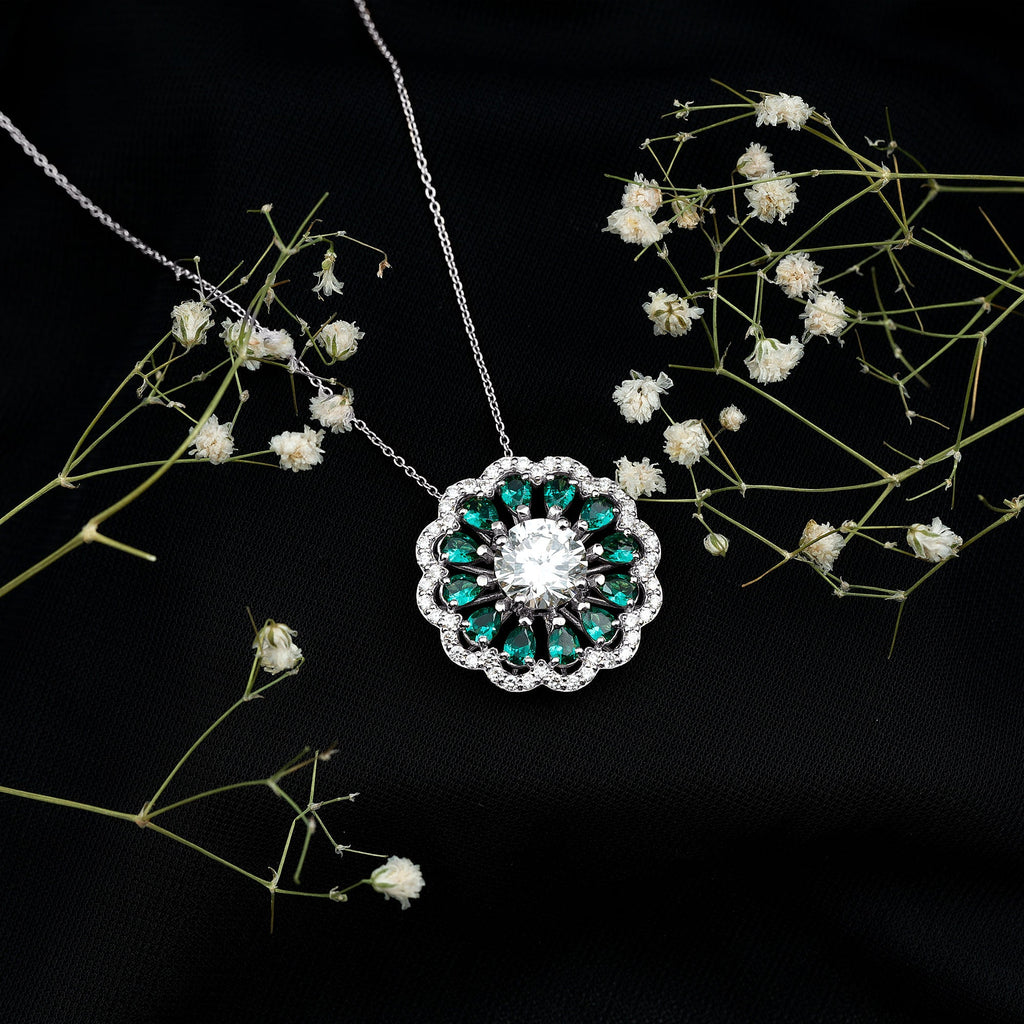 3 Carat Lab Grown Diamond Flower Bridal Necklace With Emerald