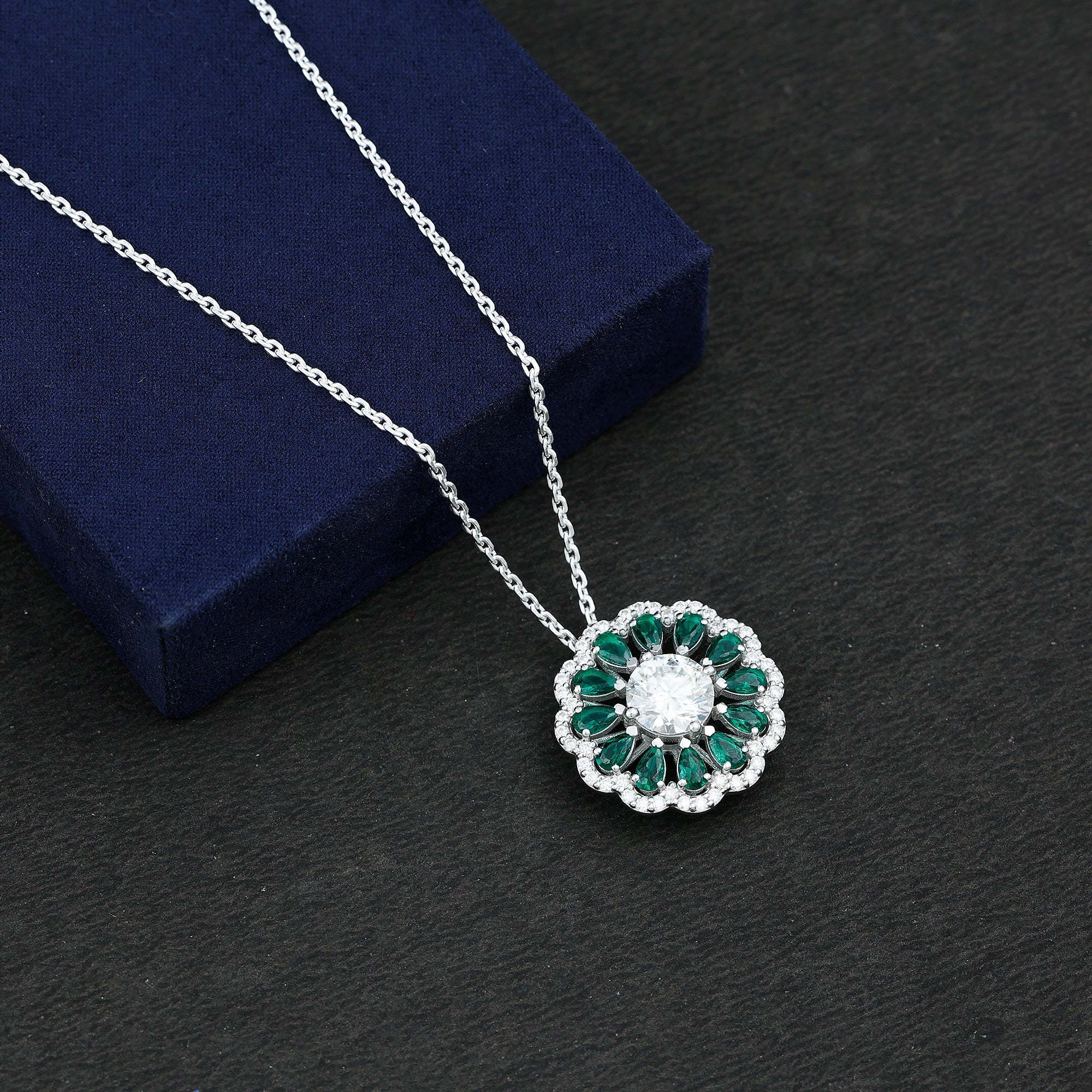 3 Carat Lab Grown Diamond Flower Bridal Necklace With Emerald