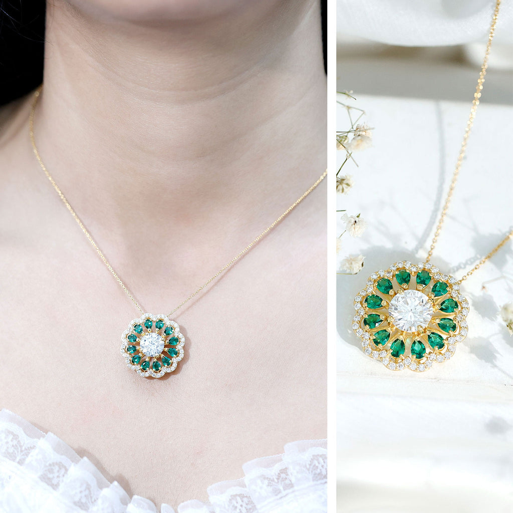 3 Carat Lab Grown Diamond Flower Bridal Necklace With Emerald