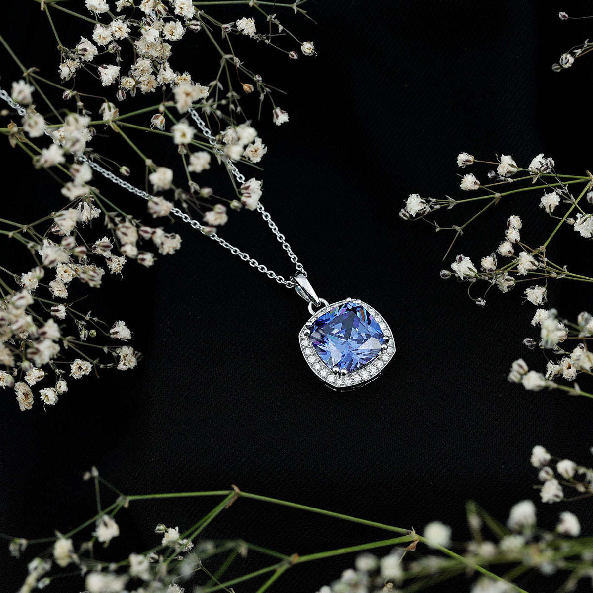 Certified 9 Carat Cushion Lab Grown Blue Sapphire Halo Necklace