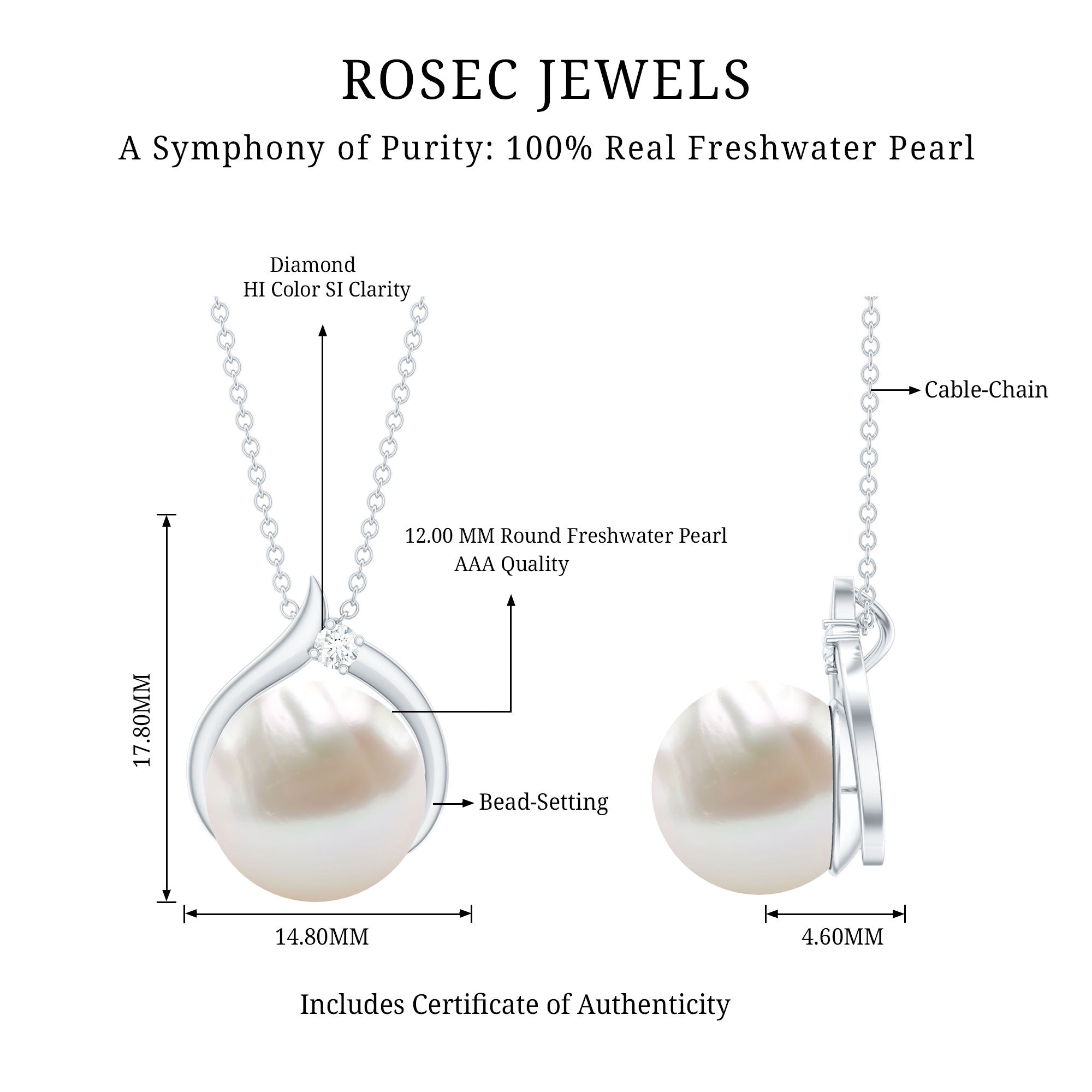 11 Carat White Pearl Solitaire Necklace with Diamond