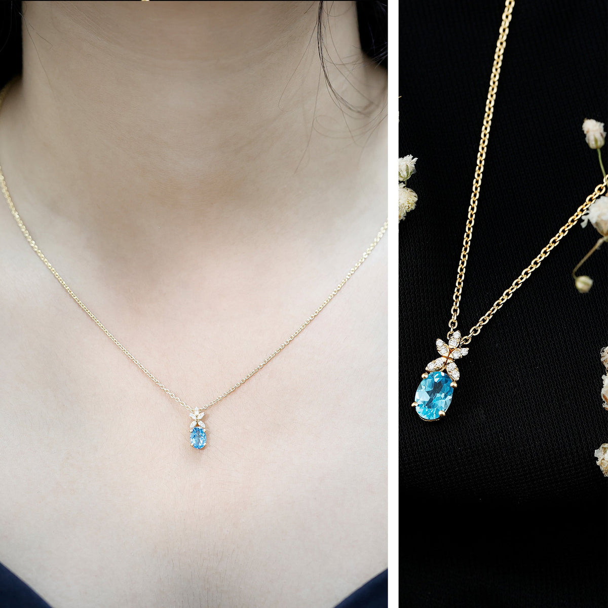 Oval Cut 0.65 Carat Swiss Blue Topaz and Diamond Flower Necklace with Chain