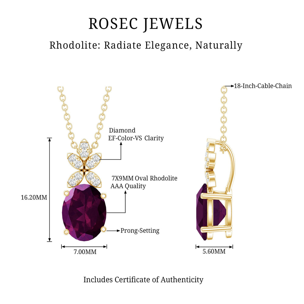 Oval 2.5 Carat Rhodolite Pendant Necklace with Diamond Flower